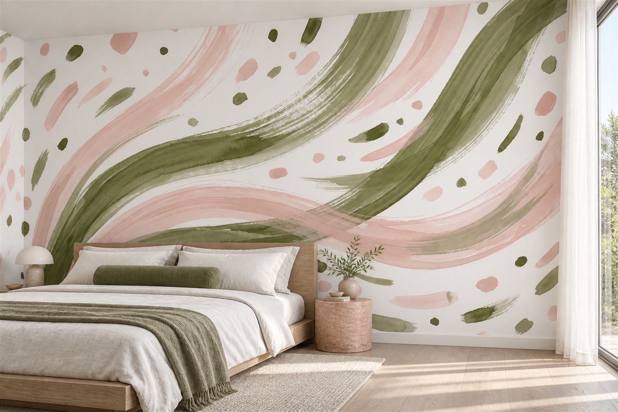Olive Brushstroke Artful Wallpaper Mural Bedroom-wallpaper-murals, Peel-and-stick Finish