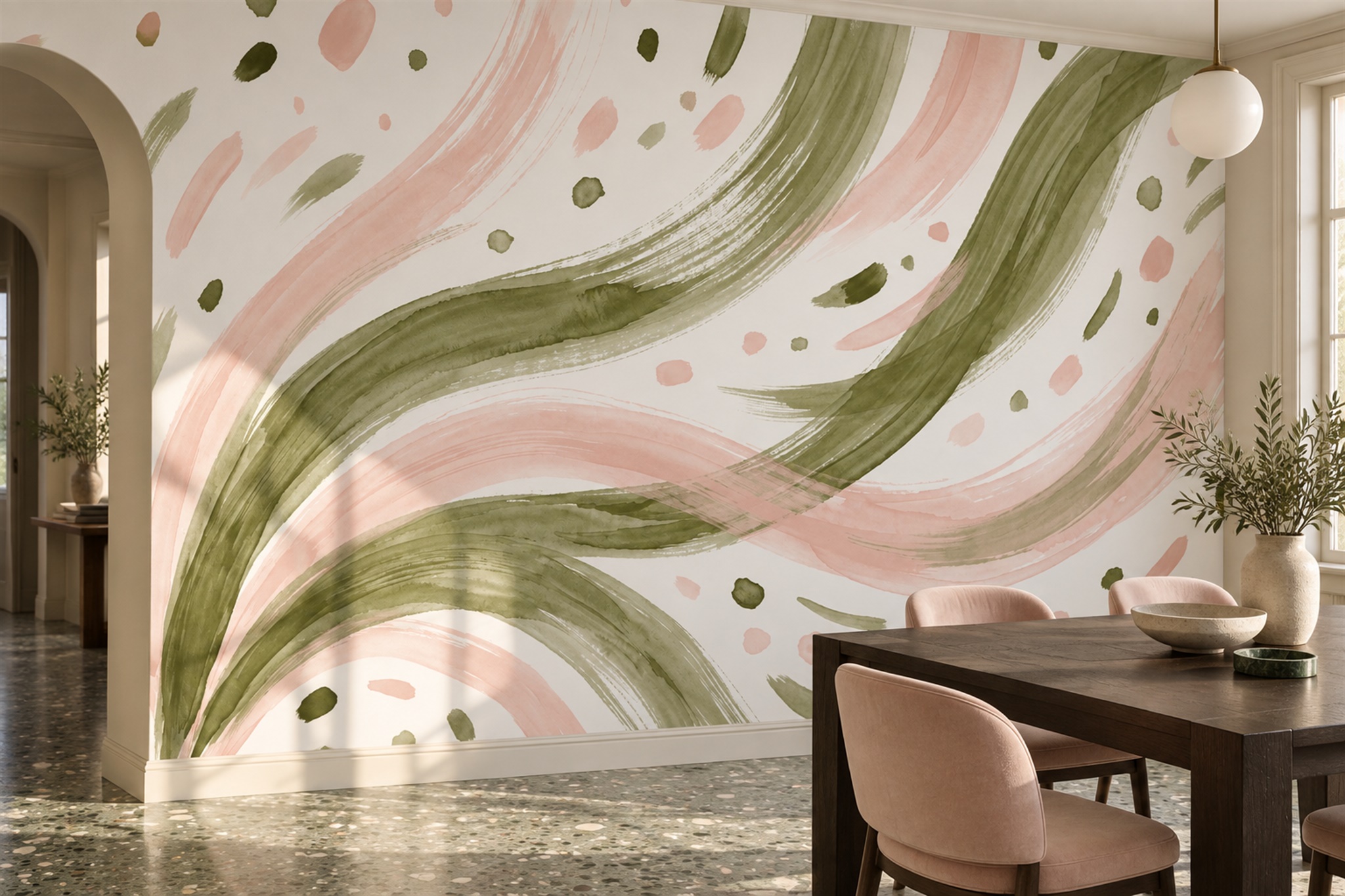 Olive And Blush Flowing Brushstroke Wallpaper Mural — Wallpaper Mural Design, Peel-and-stick Finish