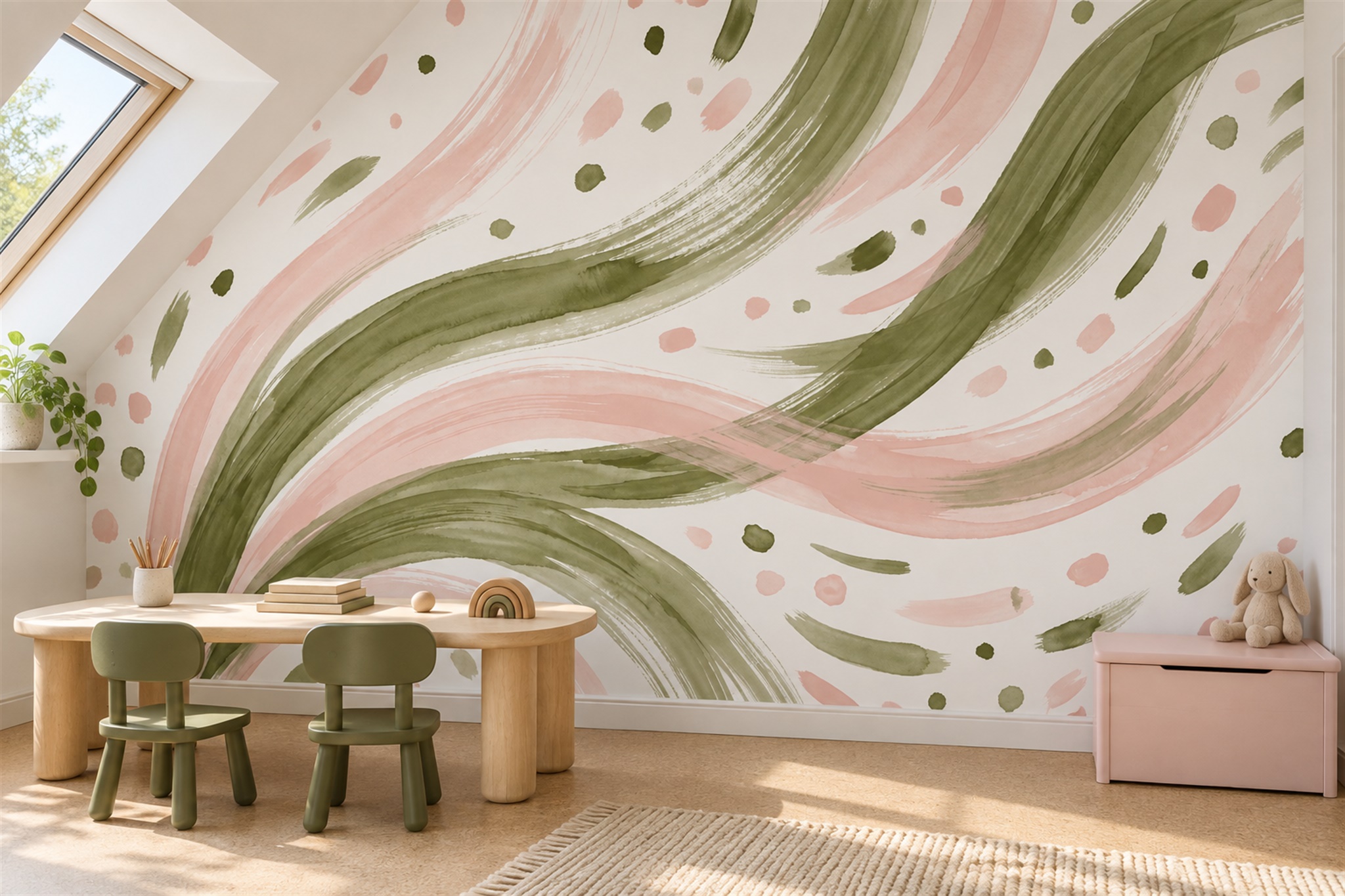 Olive Brushstroke Artful Wallpaper Mural Dining-room-wallpaper-murals, Peel-and-stick Finish