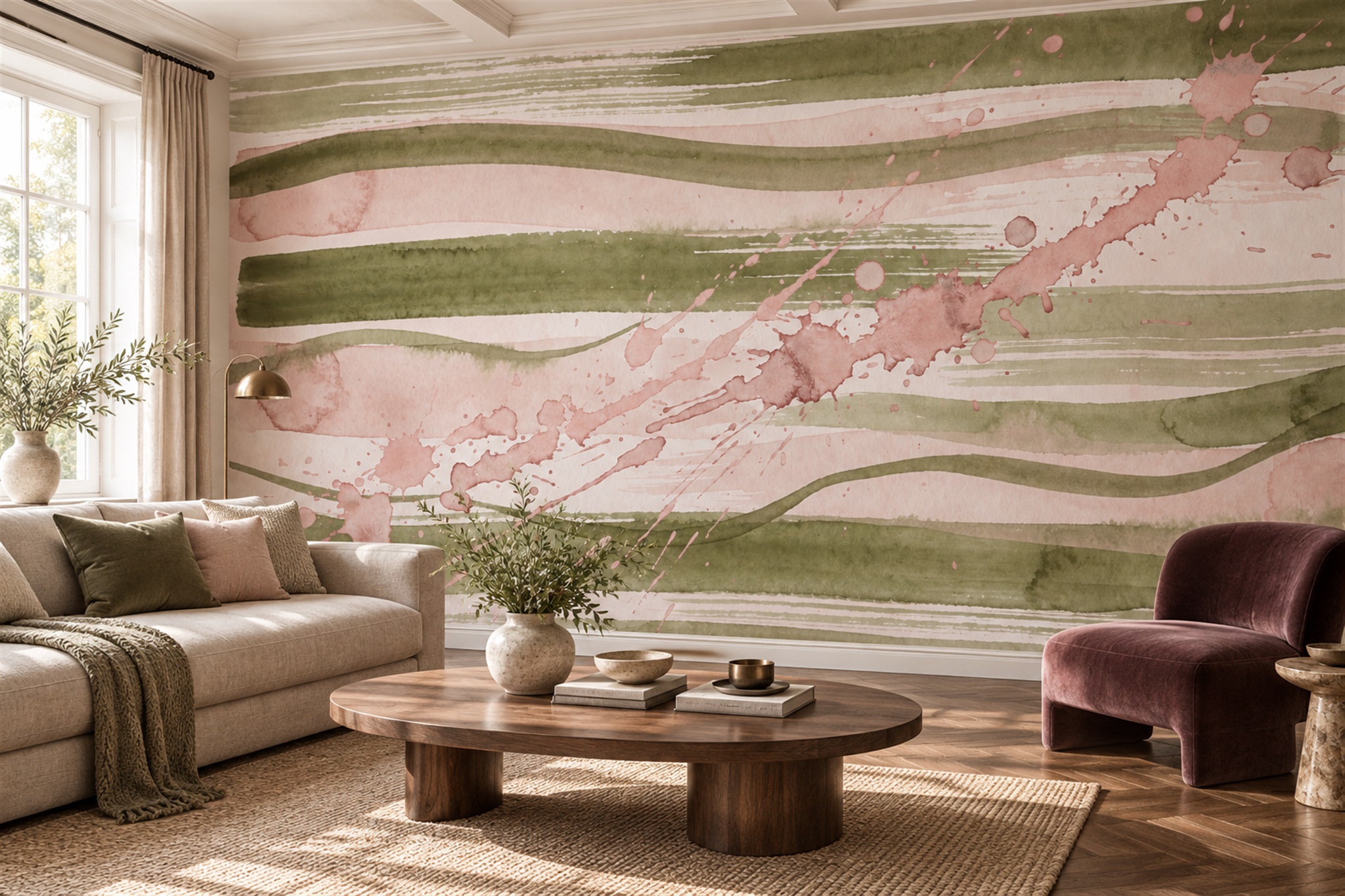 Pink Striped Abstract Decorative Wallpaper Mural Living-room-wallpaper-murals, Peel-and-stick Finish