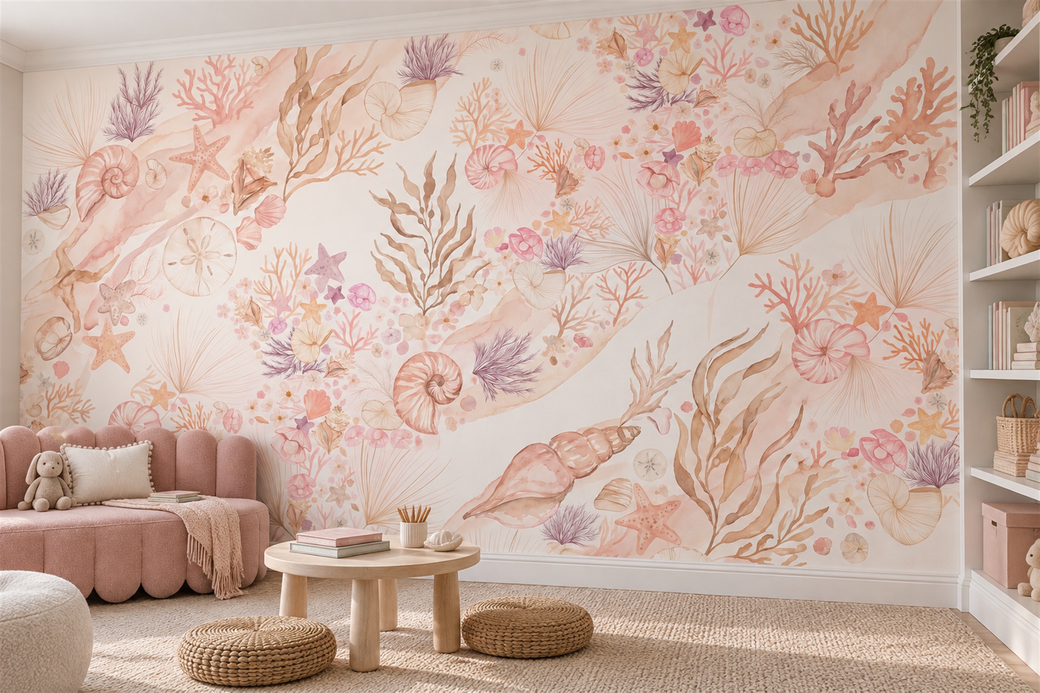 Blush Seashells And Coral Marine Pattern Wallpaper Mural — Wallpaper Mural Design, Peel-and-stick Finish