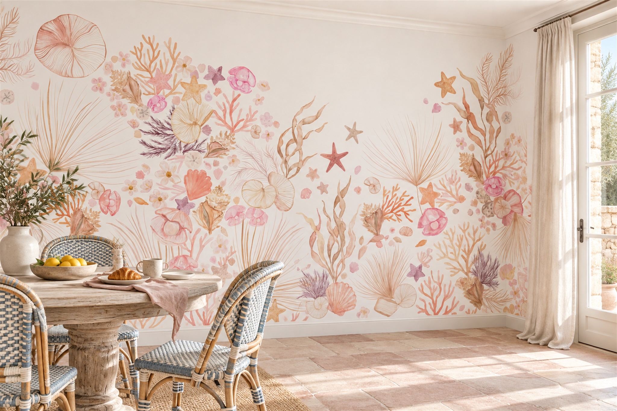 Blush Coral, Shells And Starfish Wallpaper Mural — Wallpaper Mural Design, Peel-and-stick Finish