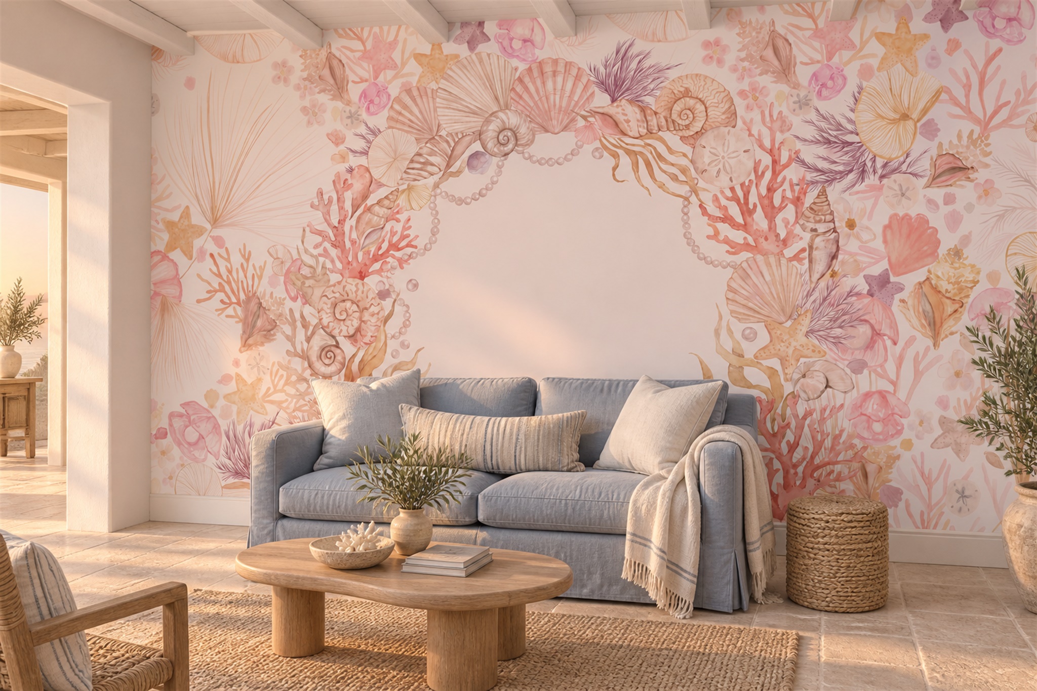 Blush Reef Scenic Wallpaper Mural Living-room-wallpaper-murals, Shown In A Living Room, Peel-and-stick Finish