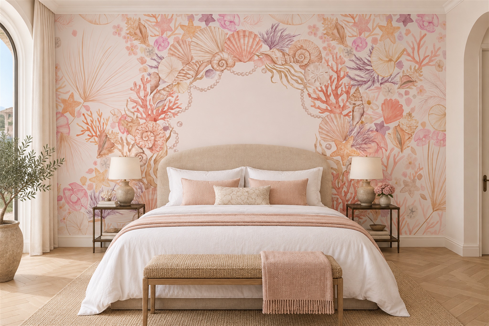Blush Coastal Shell And Coral Wreath Wallpaper Mural — Installed Wallpaper Mural In A Bedroom, Peel-and-stick Finish