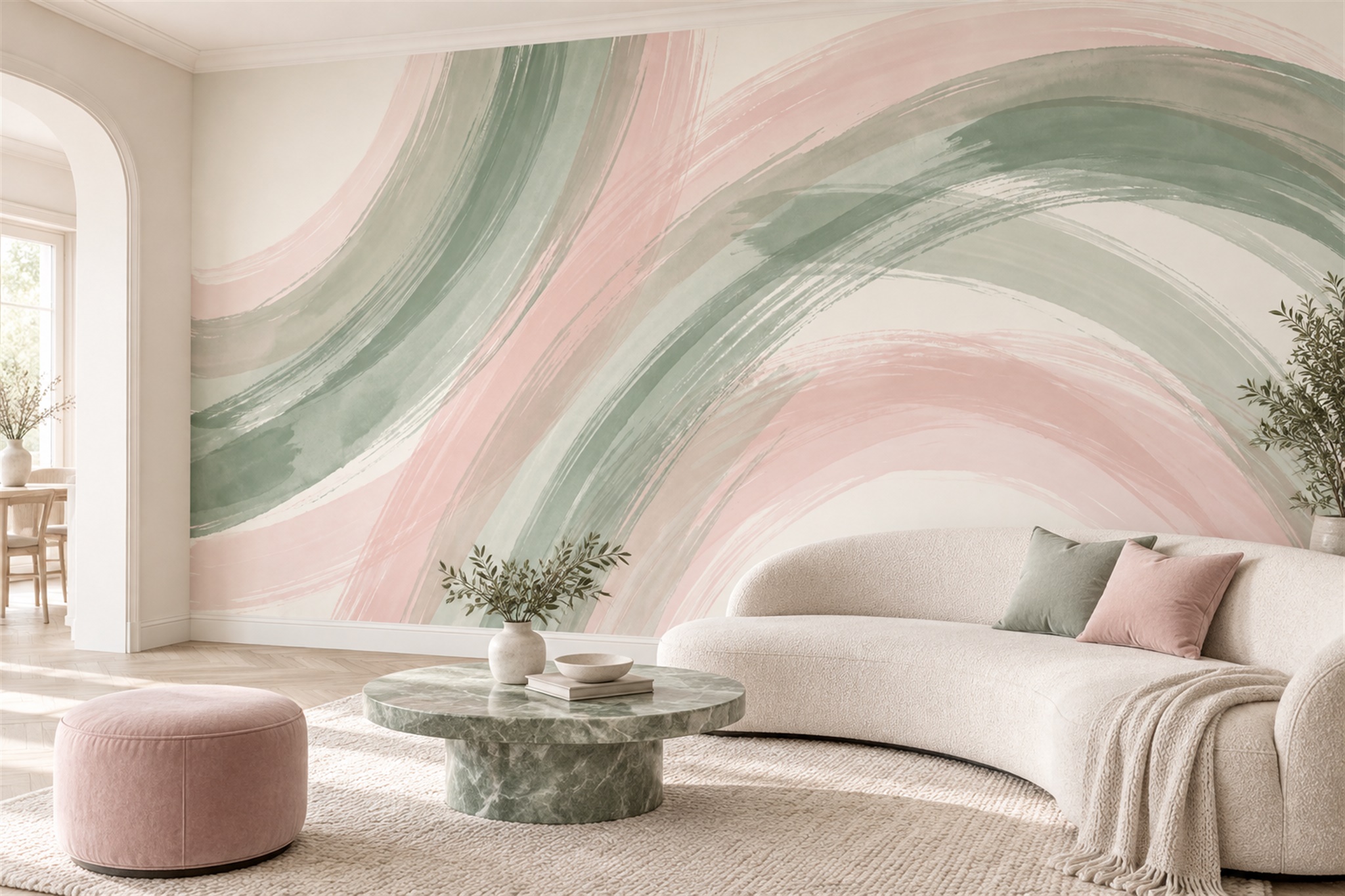 Sage And Blush Flowing Abstract Bands Wallpaper Mural — Wallpaper Mural Design, Peel-and-stick Finish