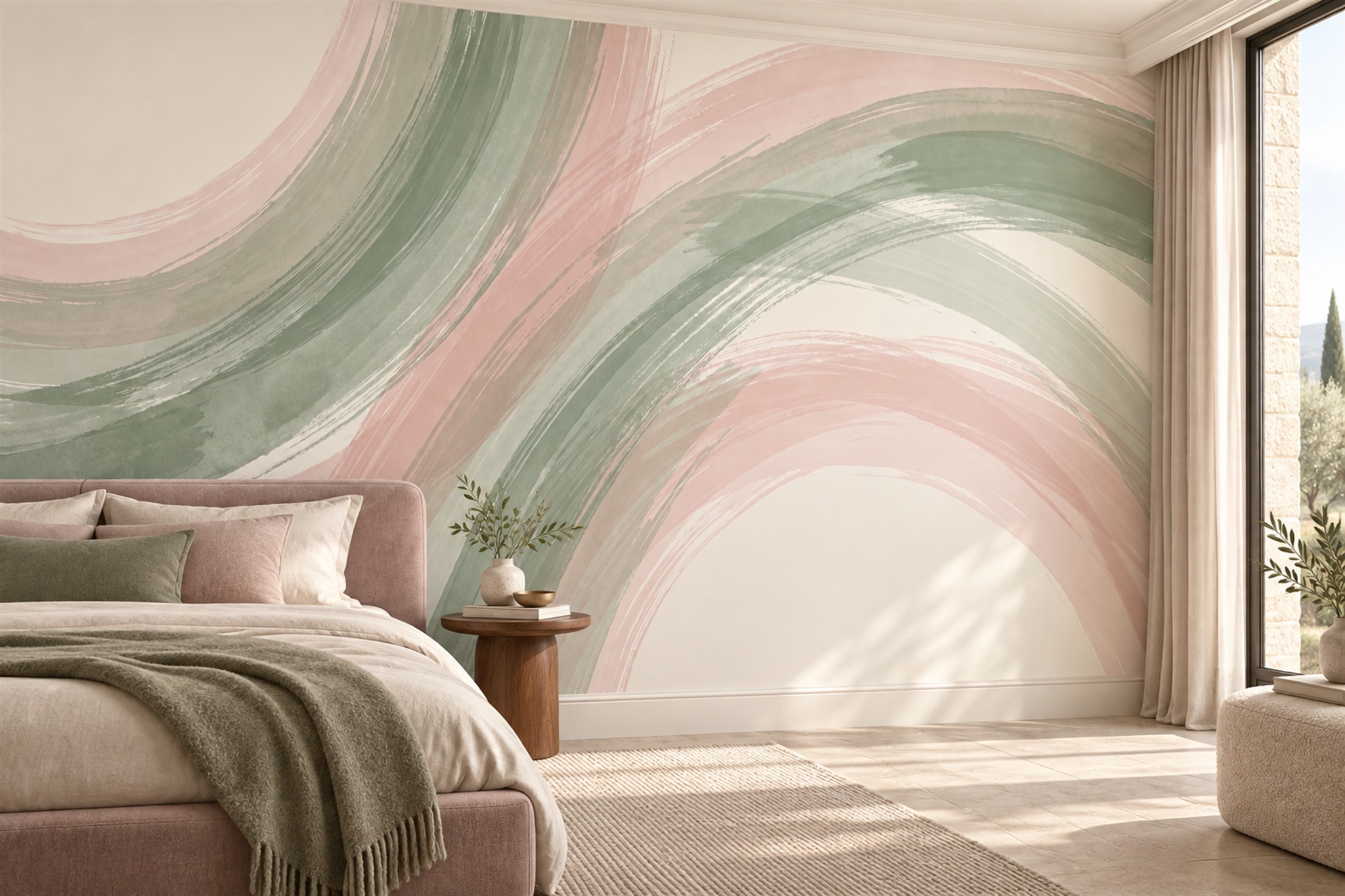 Sage Pattern Decorative Wallpaper Mural Layered Rhythm Wallpaper Mural Bedroom-wallpaper-murals, Peel-and-stick Finish