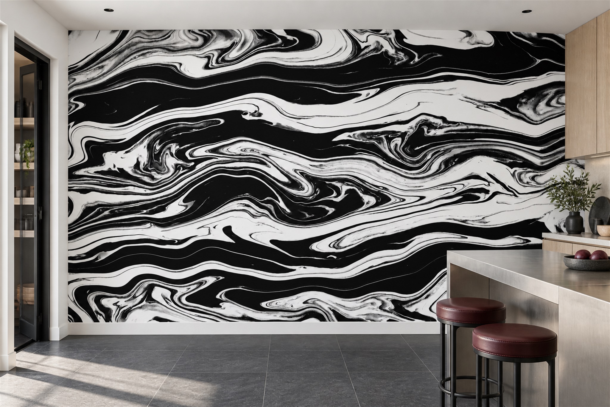 Black Waves Artful Abstract Wallpaper Mural Dining-room-wallpaper-murals, Shown In A Dining Room, Peel-and-stick Finish