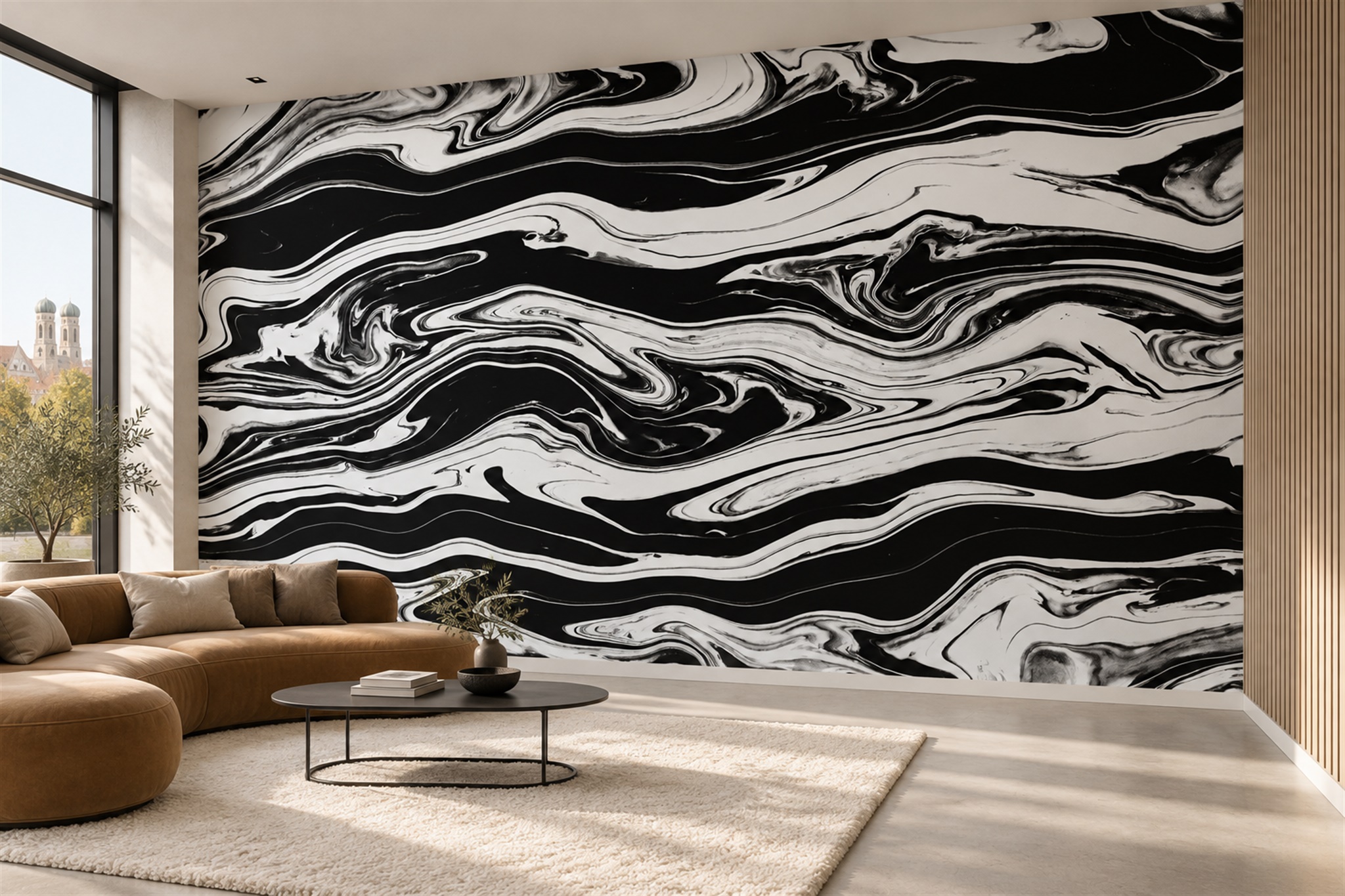 Black Waves Artful Abstract Wallpaper Mural Living-room-wallpaper-murals, Peel-and-stick Finish
