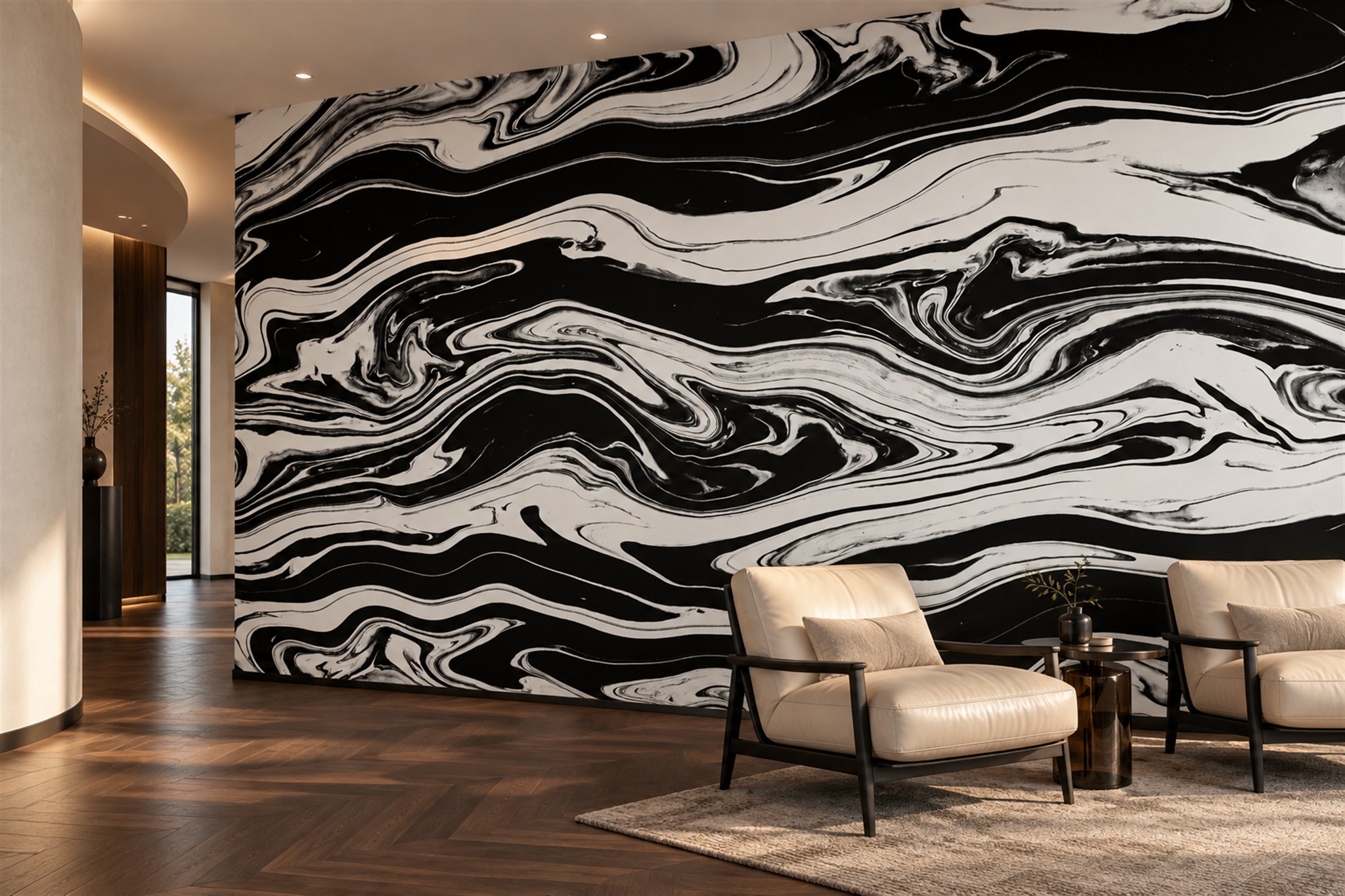 Black Waves Artful Abstract Wallpaper Mural Living-room-wallpaper-murals, Peel-and-stick Finish