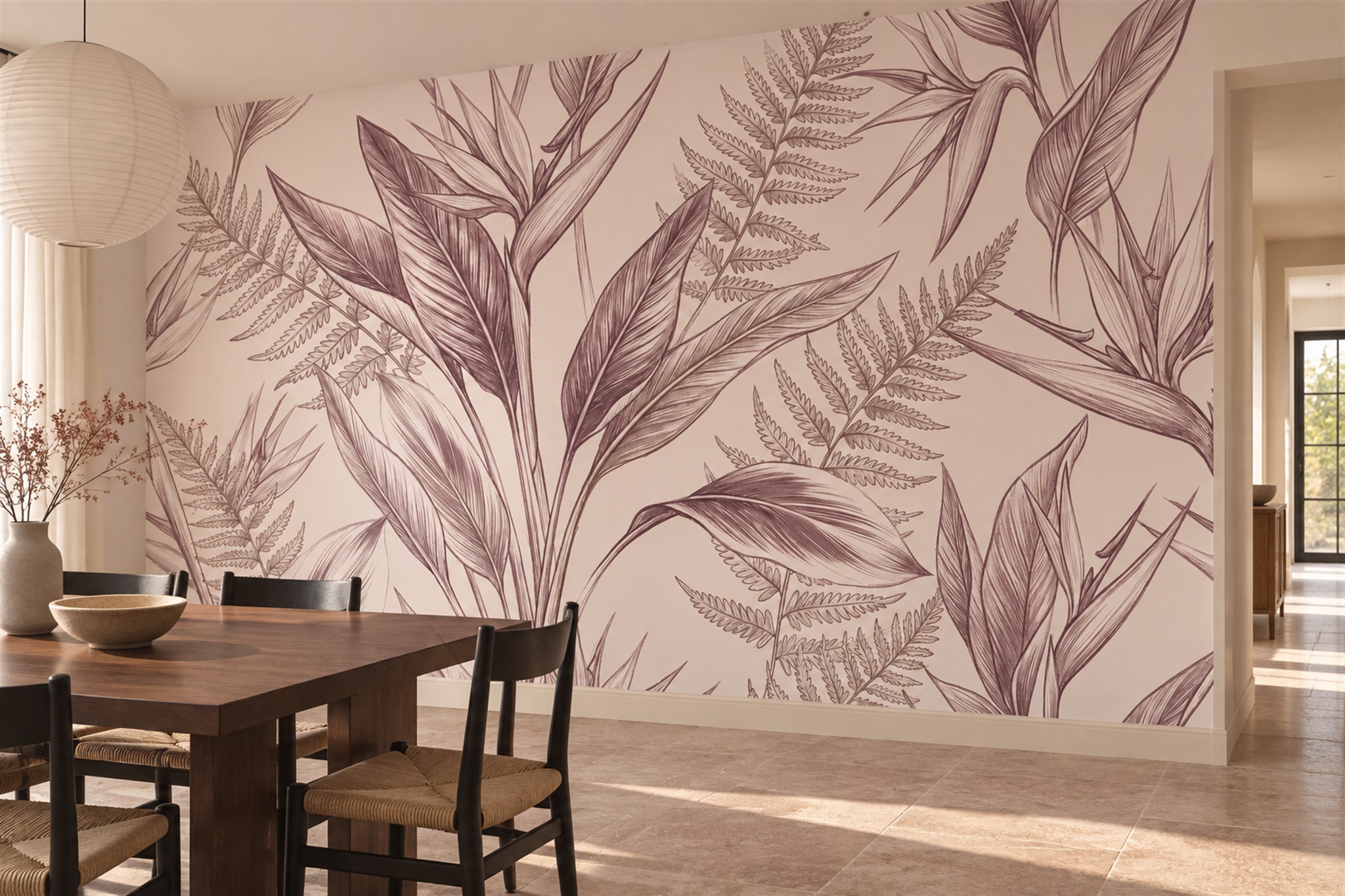 Neutral Leaf Botanical Decorative Wallpaper Mural Dining-room-wallpaper-murals, Shown In A Dining Room, Peel-and-stick Finish