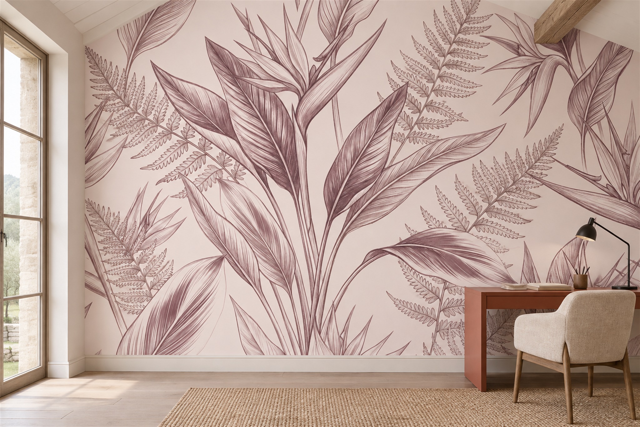 Mauve Line-drawing Tropical Leaves Wallpaper Mural — Wallpaper Mural Design, Peel-and-stick Finish
