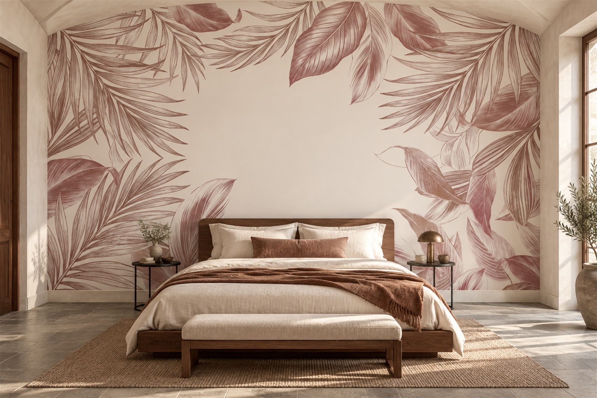 Pink Foliage Botanical Wallpaper Mural Bedroom-wallpaper-murals, Peel-and-stick Finish