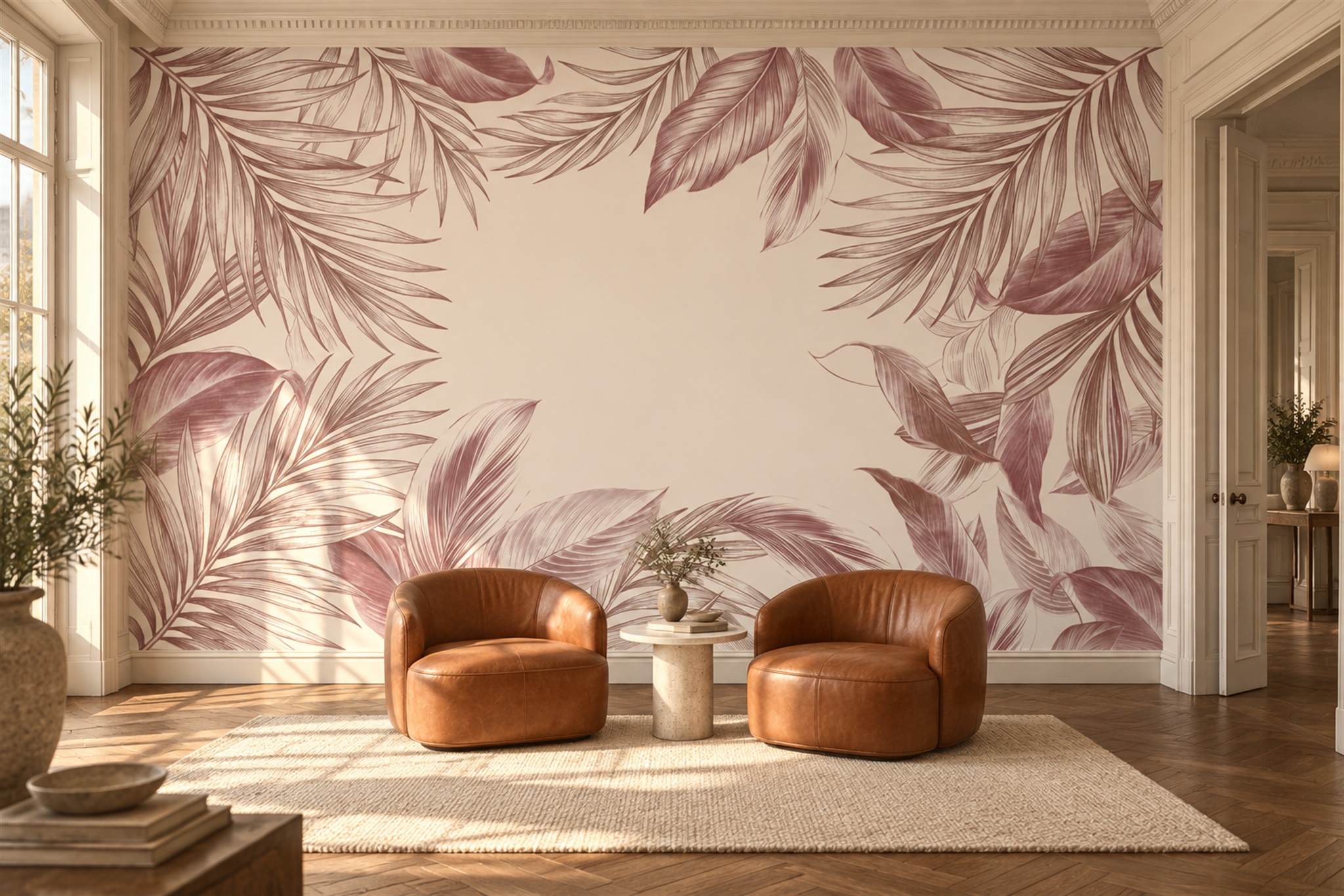 Pink Foliage Botanical Wallpaper Mural Living-room-wallpaper-murals, Shown In A Living Room, Peel-and-stick Finish