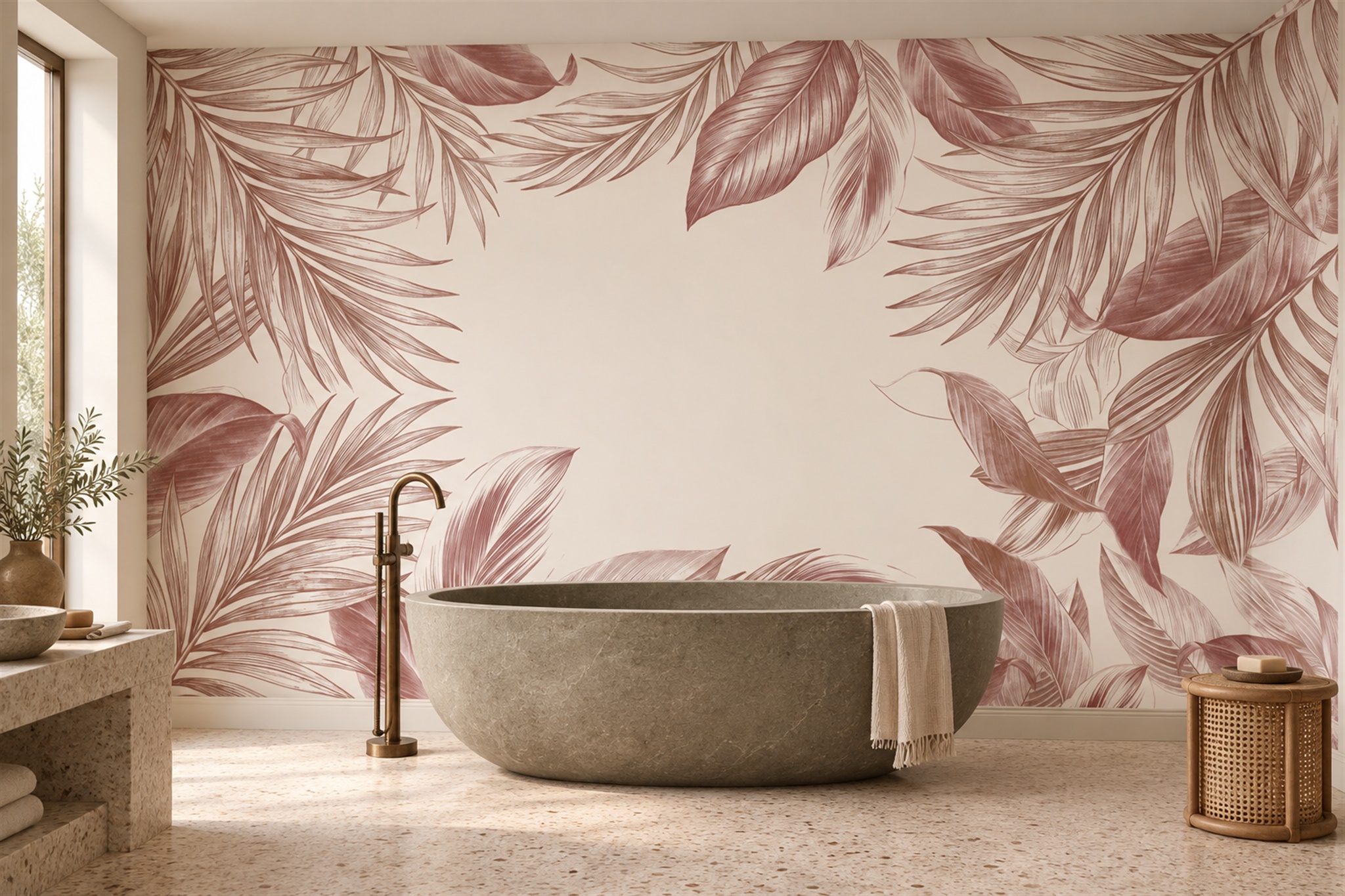 Pink Foliage Botanical Wallpaper Mural Bathroom-wallpaper-murals, Peel-and-stick Finish