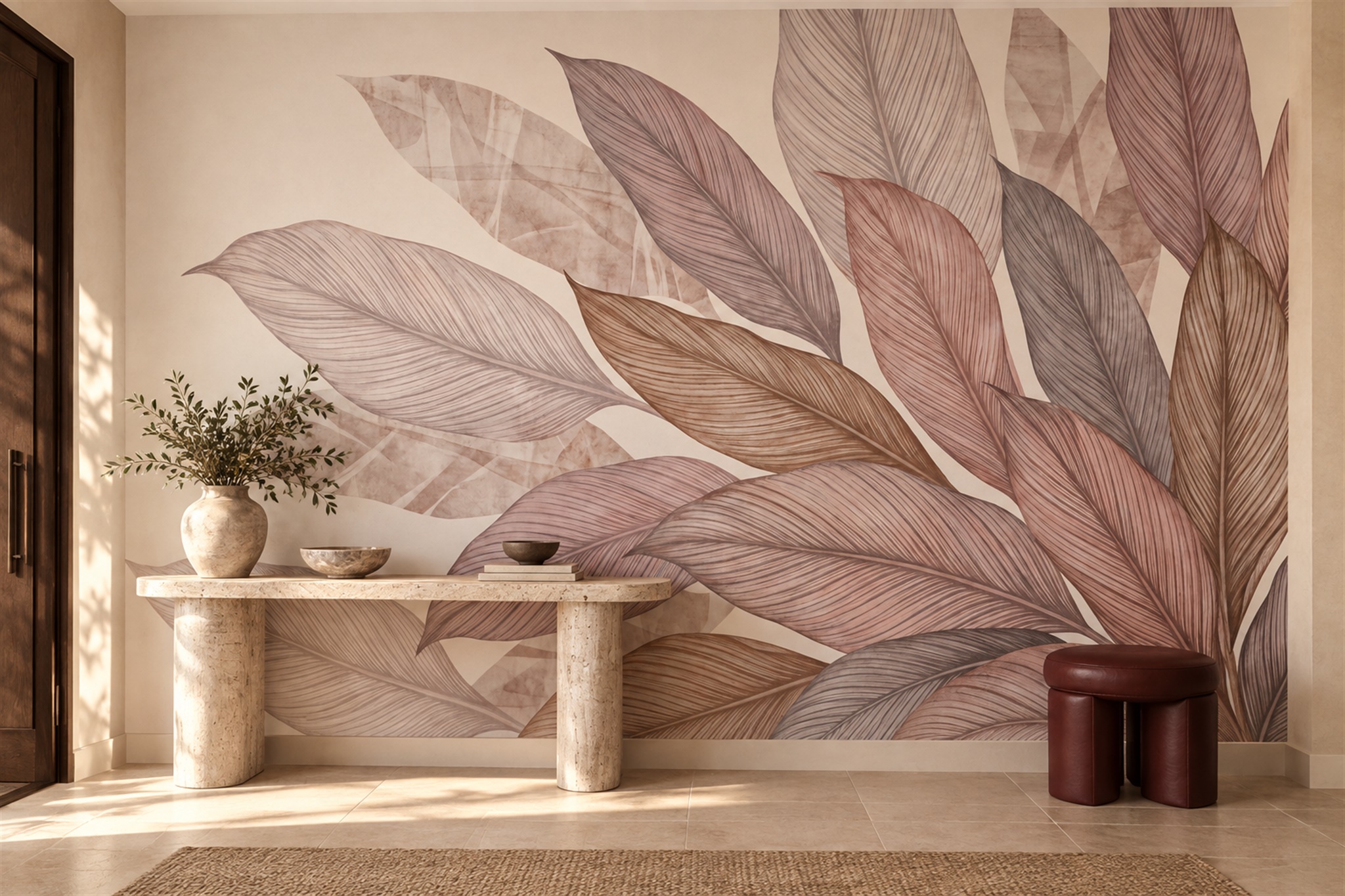 Blush Leaf Botanical Wallpaper Mural Entryway-wallpaper-murals, Peel-and-stick Finish