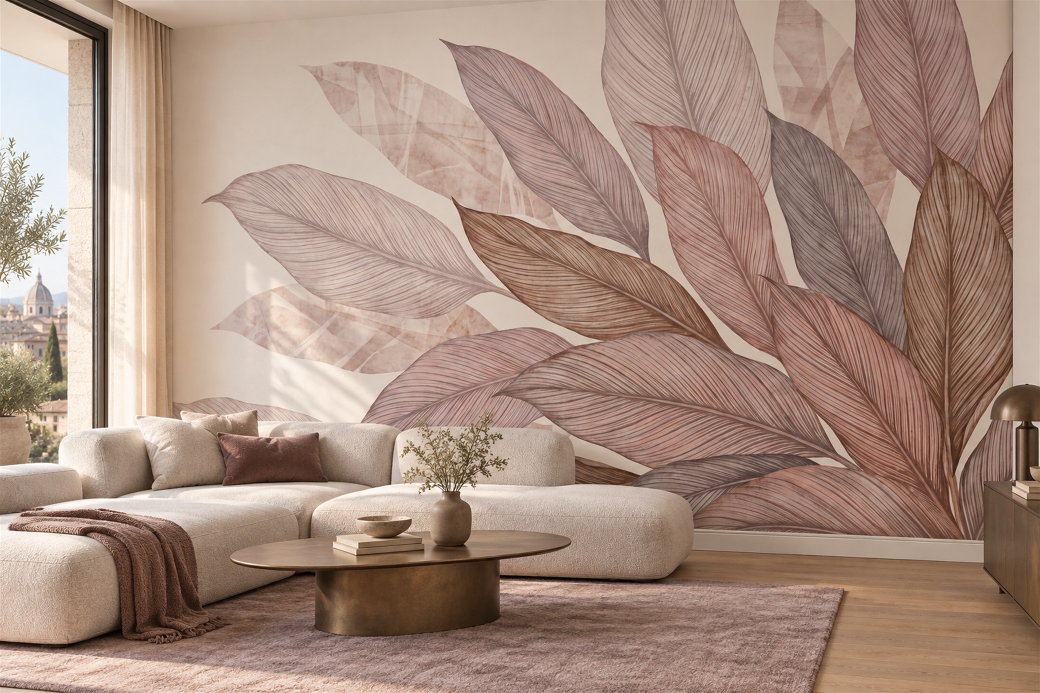 Blush Leaf Botanical Wallpaper Mural Accent-wall-wallpaper-murals, Peel-and-stick Finish