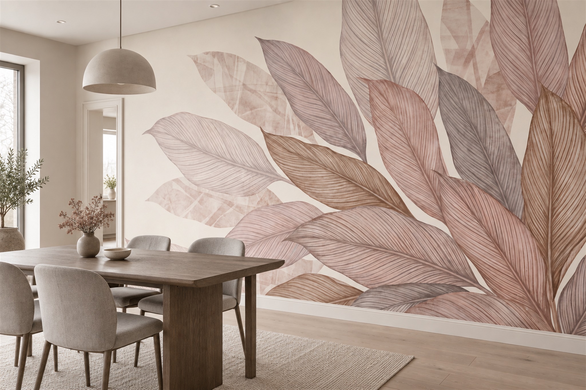 Blush Leaf Botanical Wallpaper Mural Dining-room-wallpaper-murals, Shown In A Dining Room, Peel-and-stick Finish
