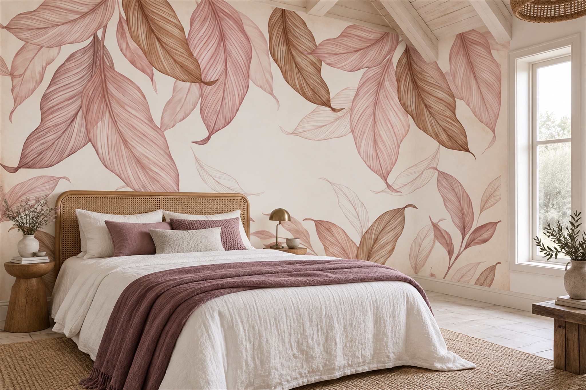 Rose And Clay Layered Leaf Wallpaper Mural — Installed Wallpaper Mural In A Bedroom, Peel-and-stick Finish