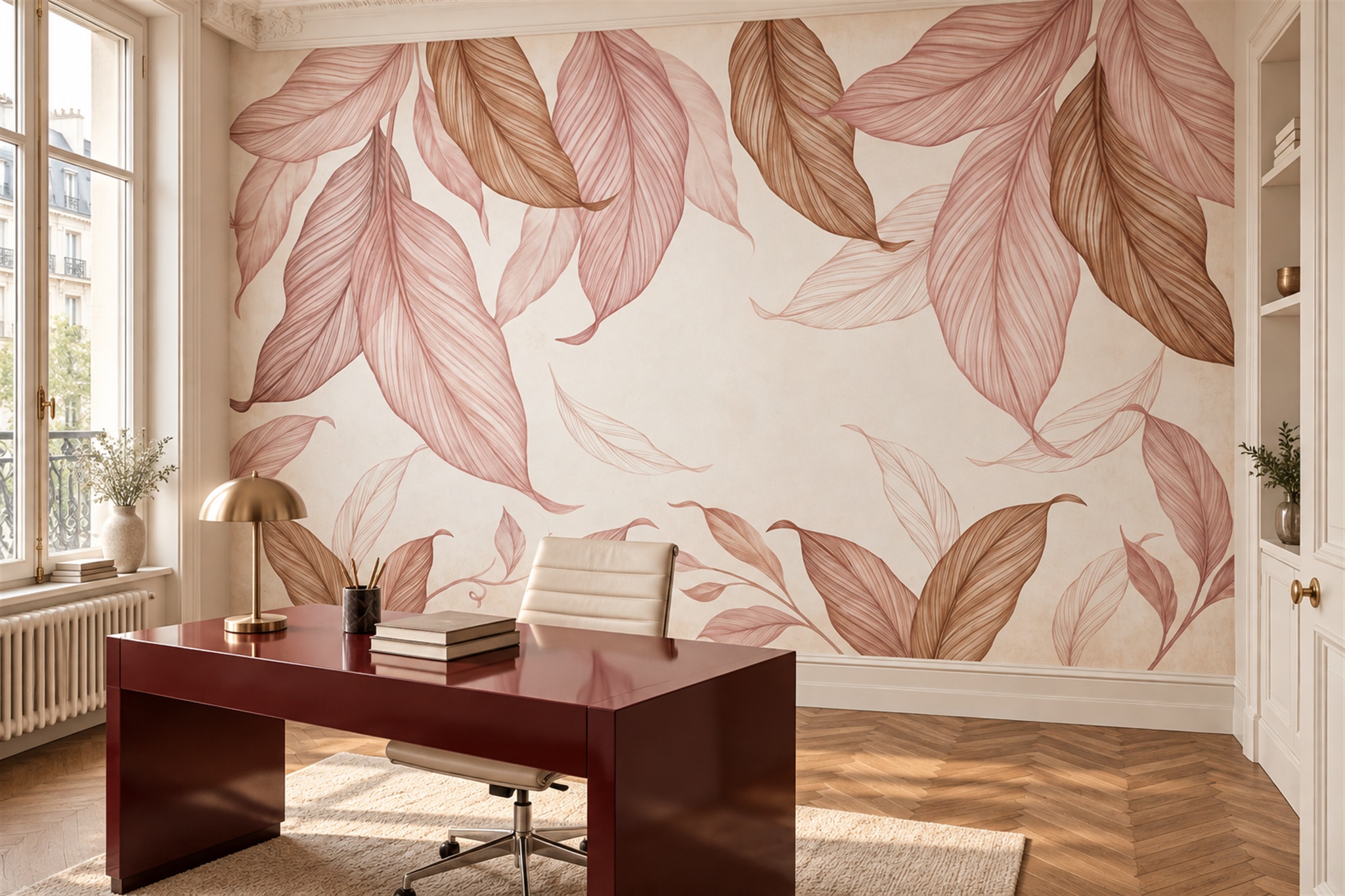 Clay Leaf Botanical Decorative Wallpaper Mural Home-office-wallpaper-murals, Shown In A Home Office, Peel-and-stick Finish