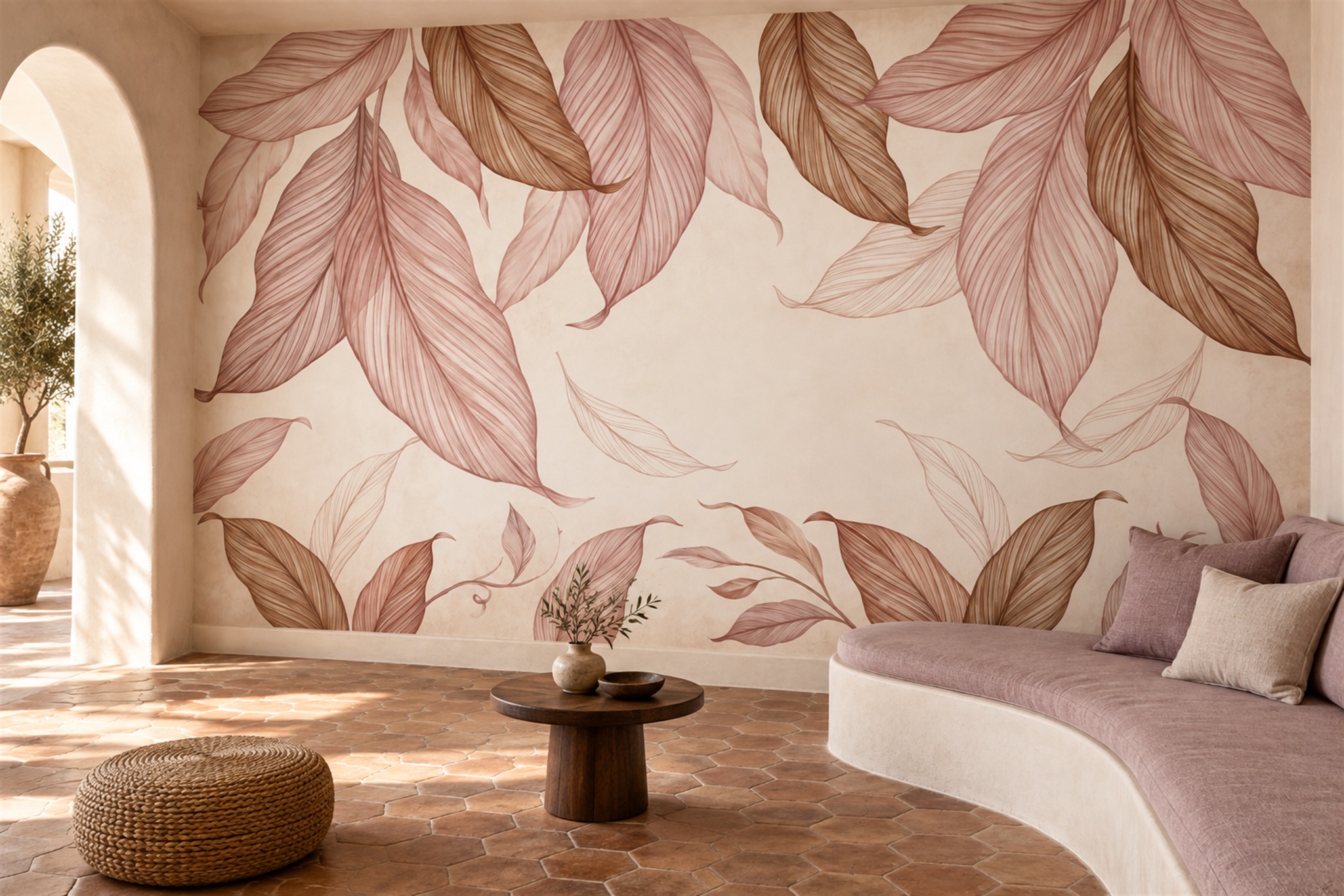 Clay Leaf Botanical Decorative Wallpaper Mural Accent-wall-wallpaper-murals, Peel-and-stick Finish