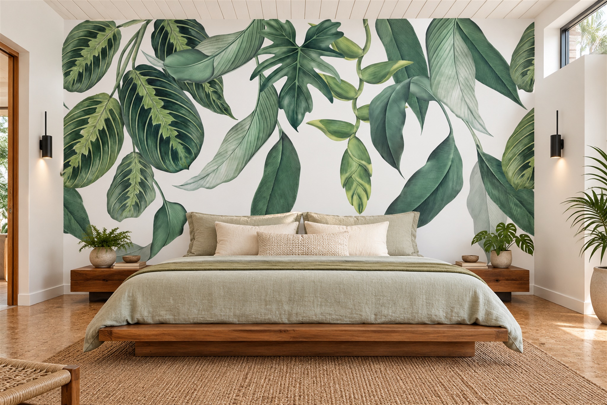 Green Tropical Foliage On White Wallpaper Mural — Installed Wallpaper Mural In A Bedroom, Peel-and-stick Finish