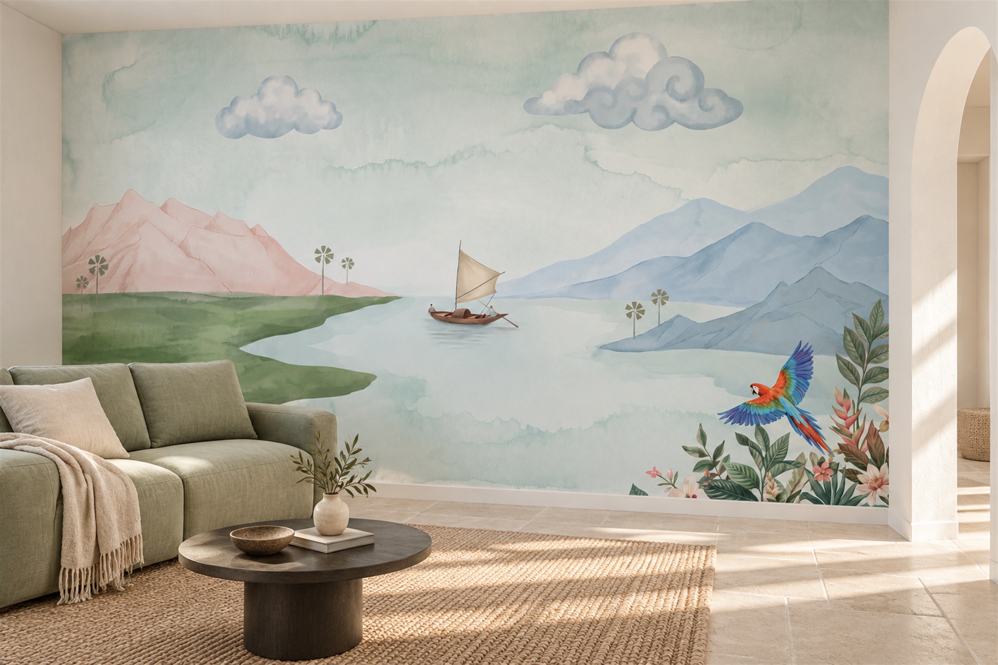 Watercolor Lake And Sailboats With Scarlet Macaw Wallpaper Mural — Wallpaper Mural Design, Peel-and-stick Finish