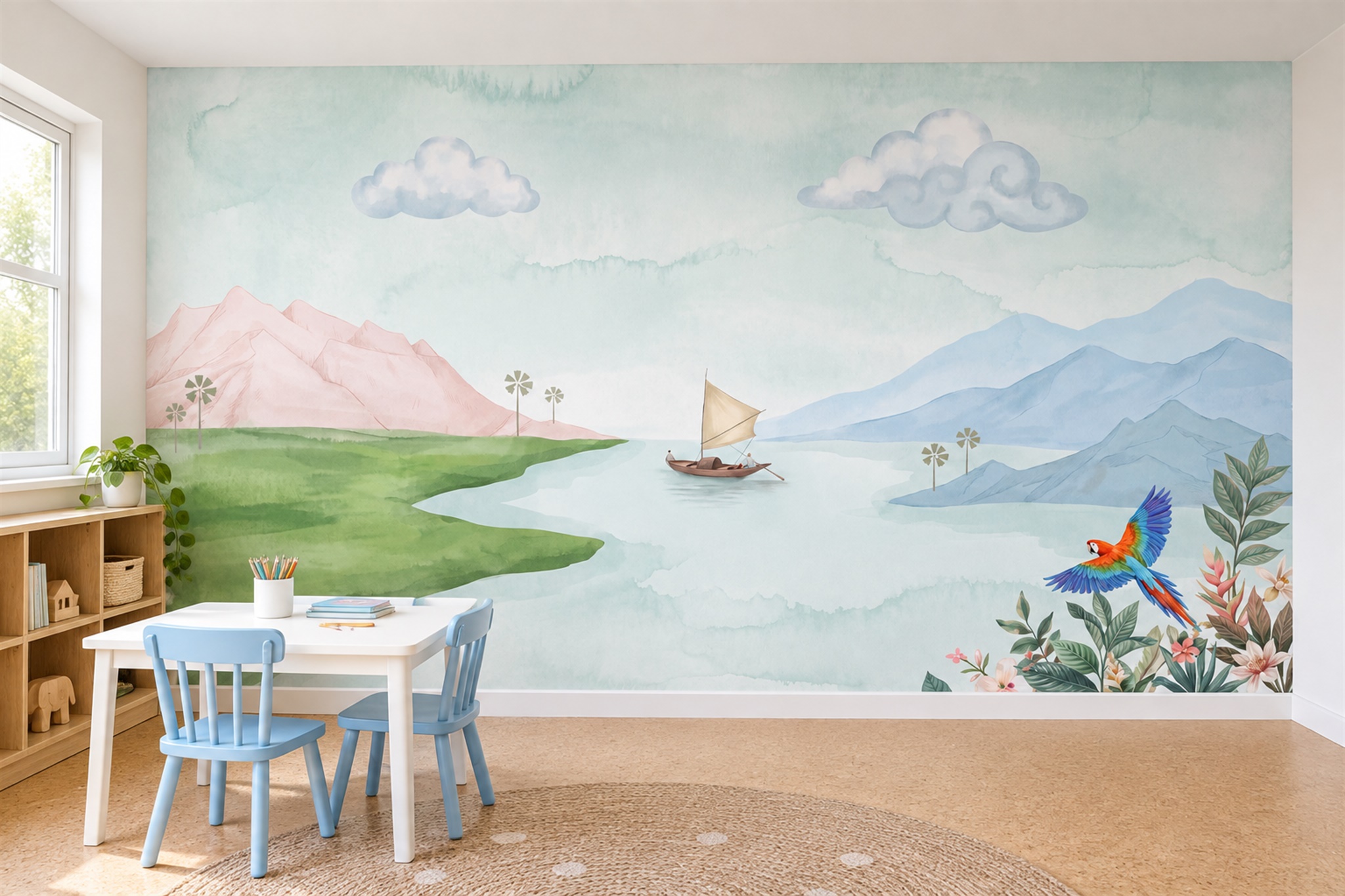 Blue Pattern Decorative Wallpaper Mural Layered Brushwork Wallpaper Home-office-wallpaper-murals, Shown In A Home Office, Peel-and-stick Finish