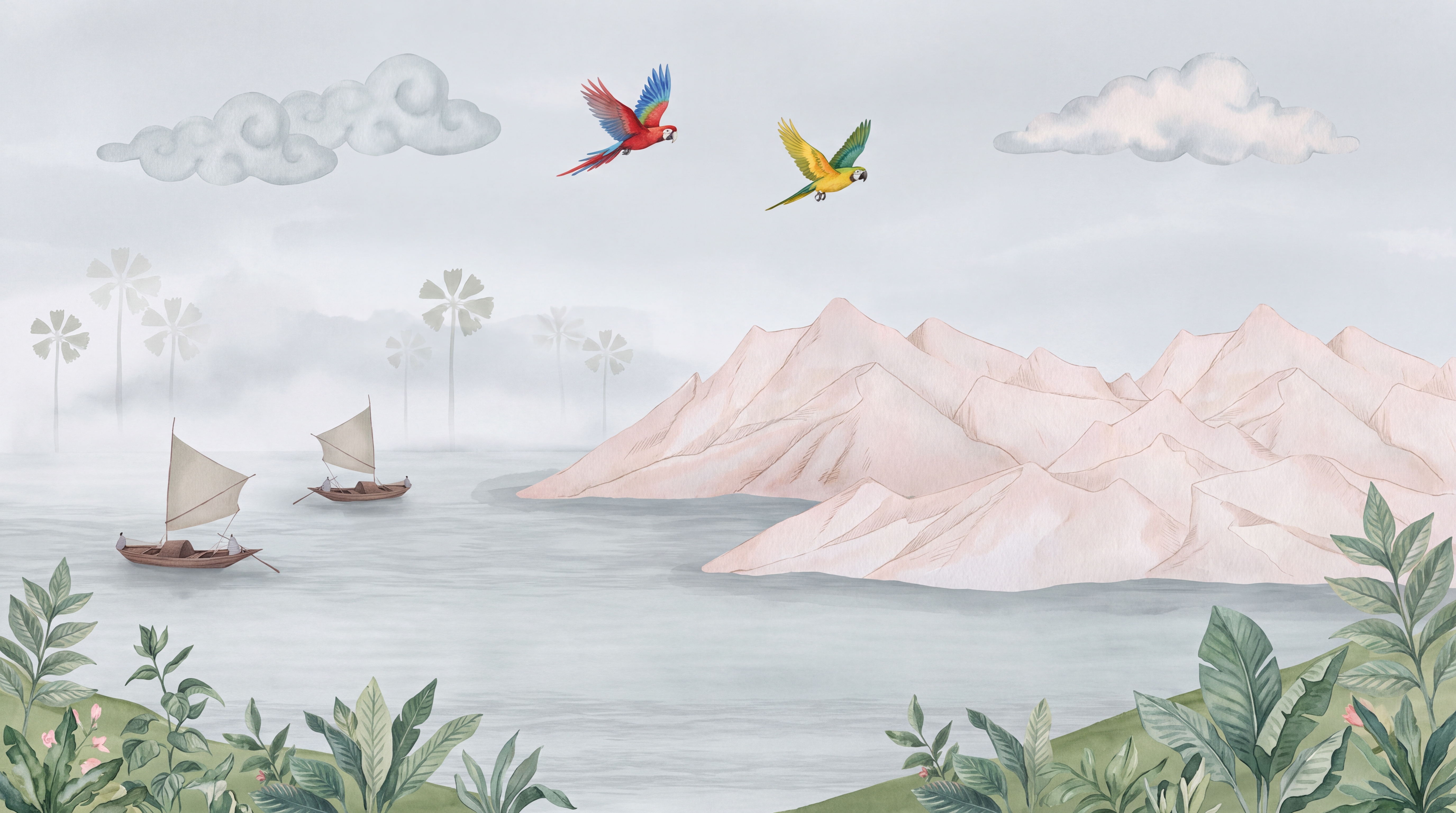 Pink Mountain Scenic Wallpaper Mural, Peel-and-stick Finish