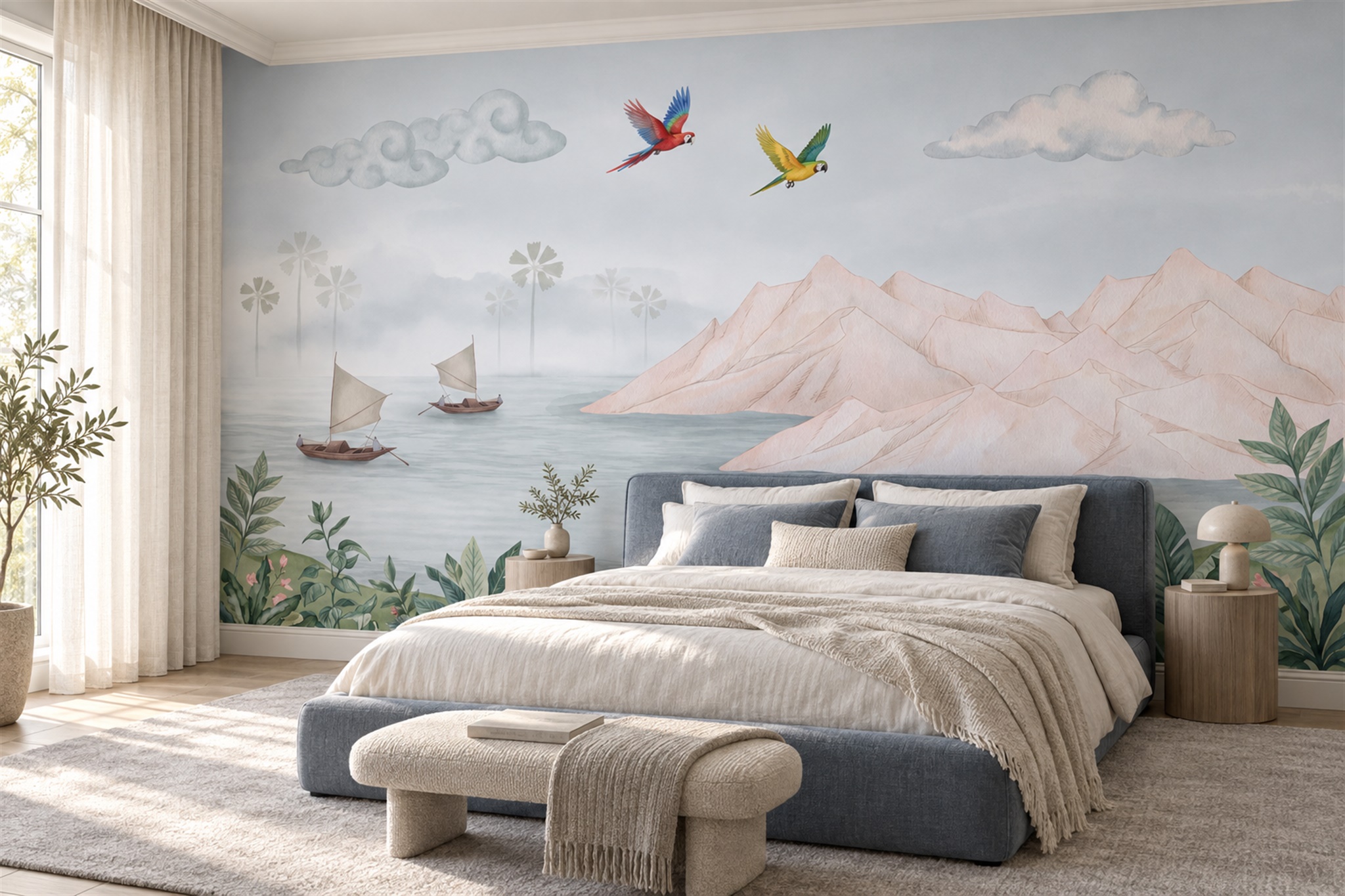 Pink Mountain Lake With Sailboats And Flying Parrots Wallpaper Mural — Installed Wallpaper Mural In A Bedroom, Peel-and-stick Finish