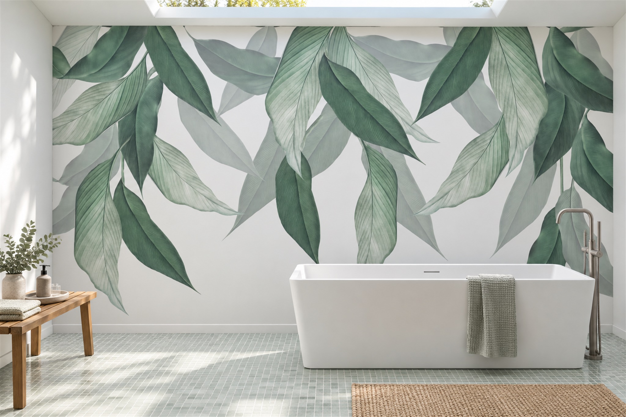 Sage Leaf Botanical Wallpaper Mural Bathroom-wallpaper-murals, Peel-and-stick Finish