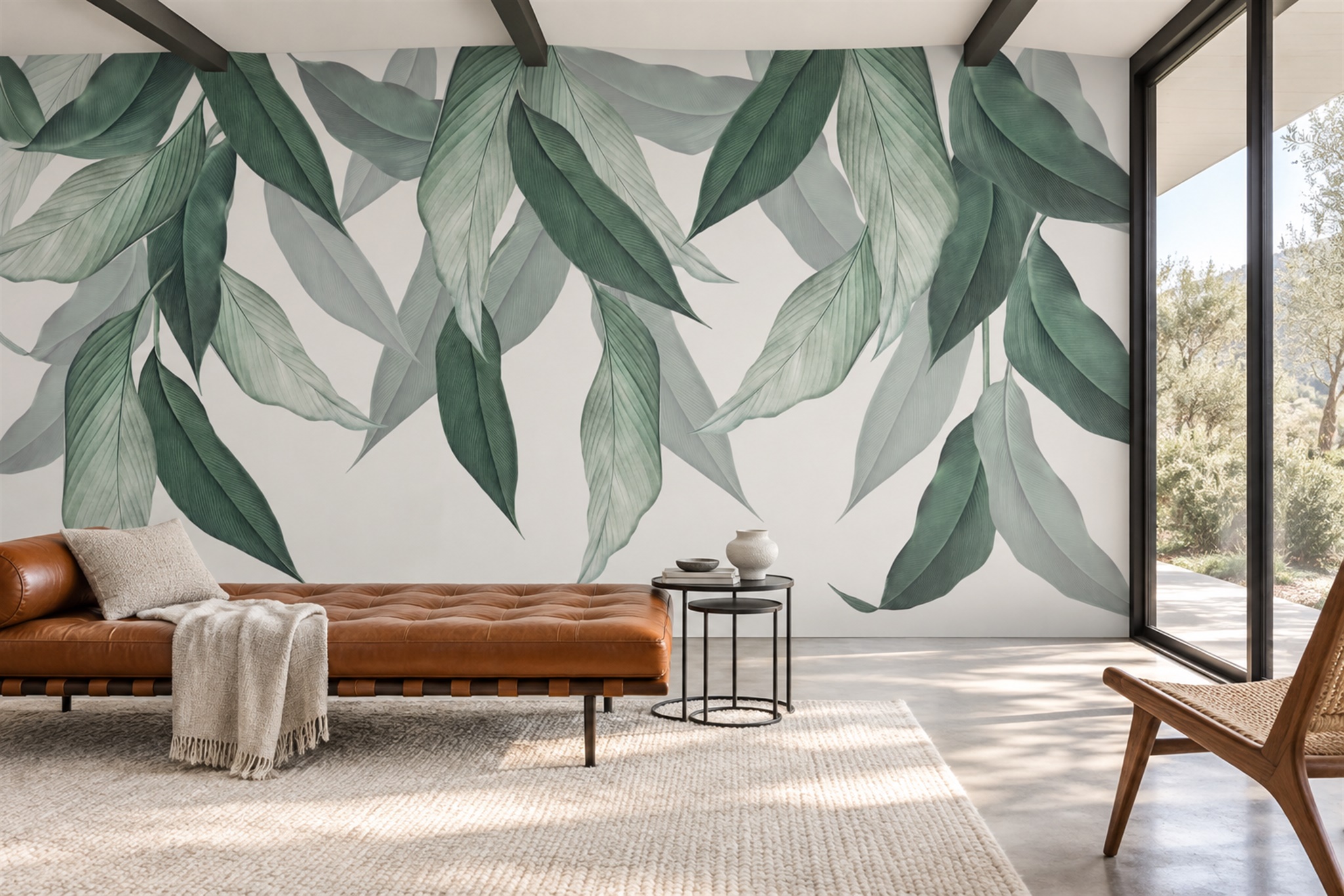Sage Leaf Botanical Wallpaper Mural Living-room-wallpaper-murals, Peel-and-stick Finish