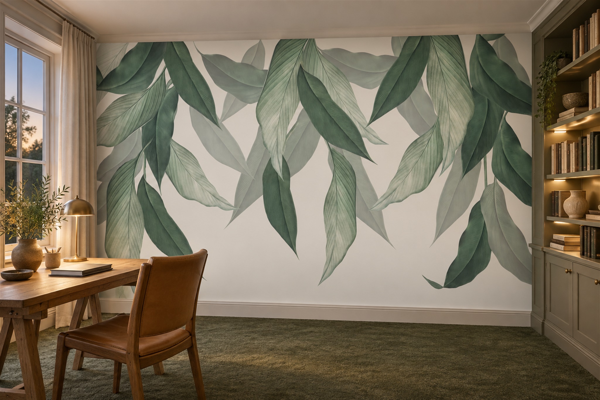 Sage Leaf Botanical Wallpaper Mural Living-room-wallpaper-murals, Peel-and-stick Finish