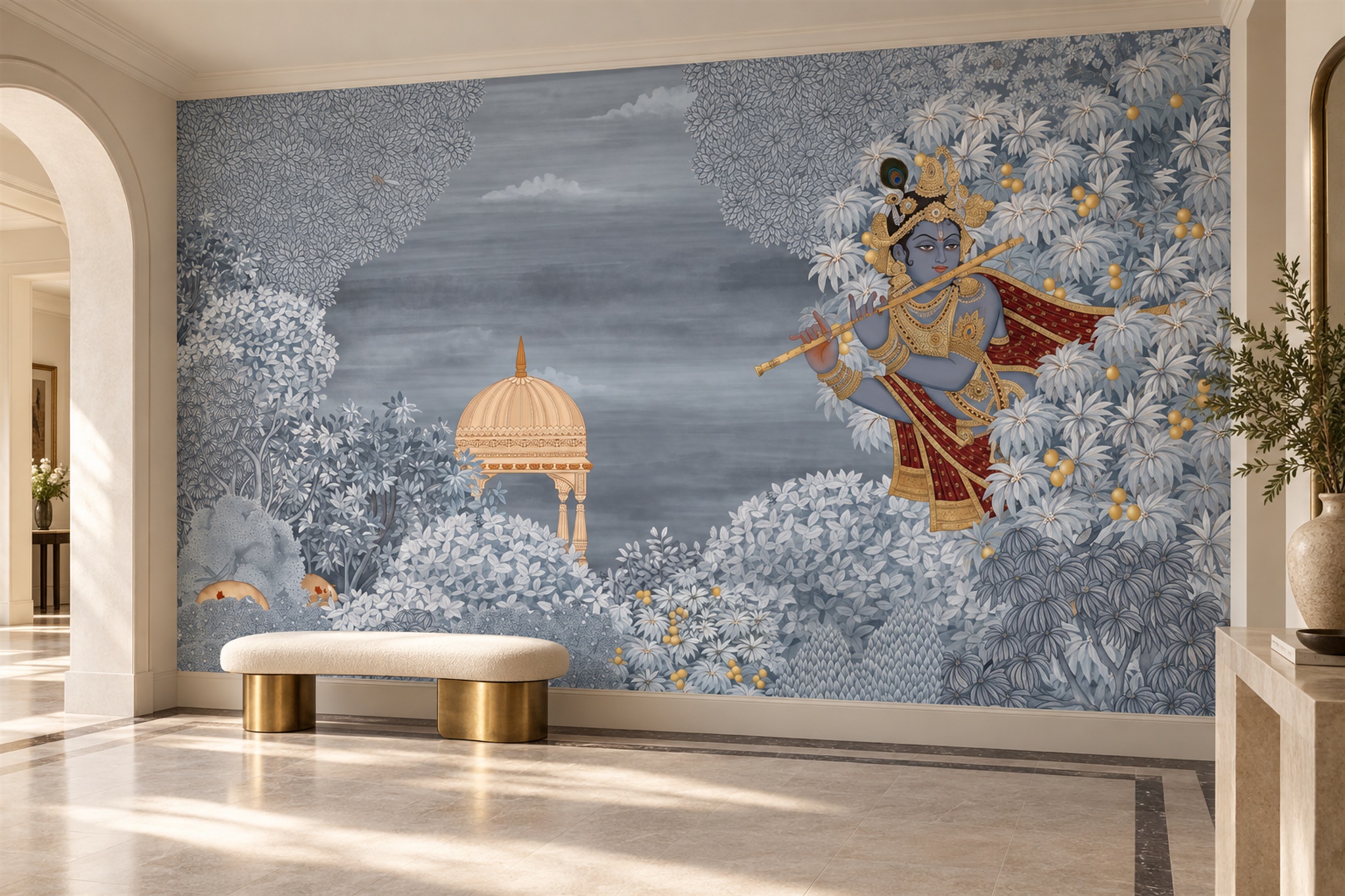 Blue Pattern Decorative Wallpaper Mural Layered Contour Wallpaper Mural Entryway-wallpaper-murals, Peel-and-stick Finish
