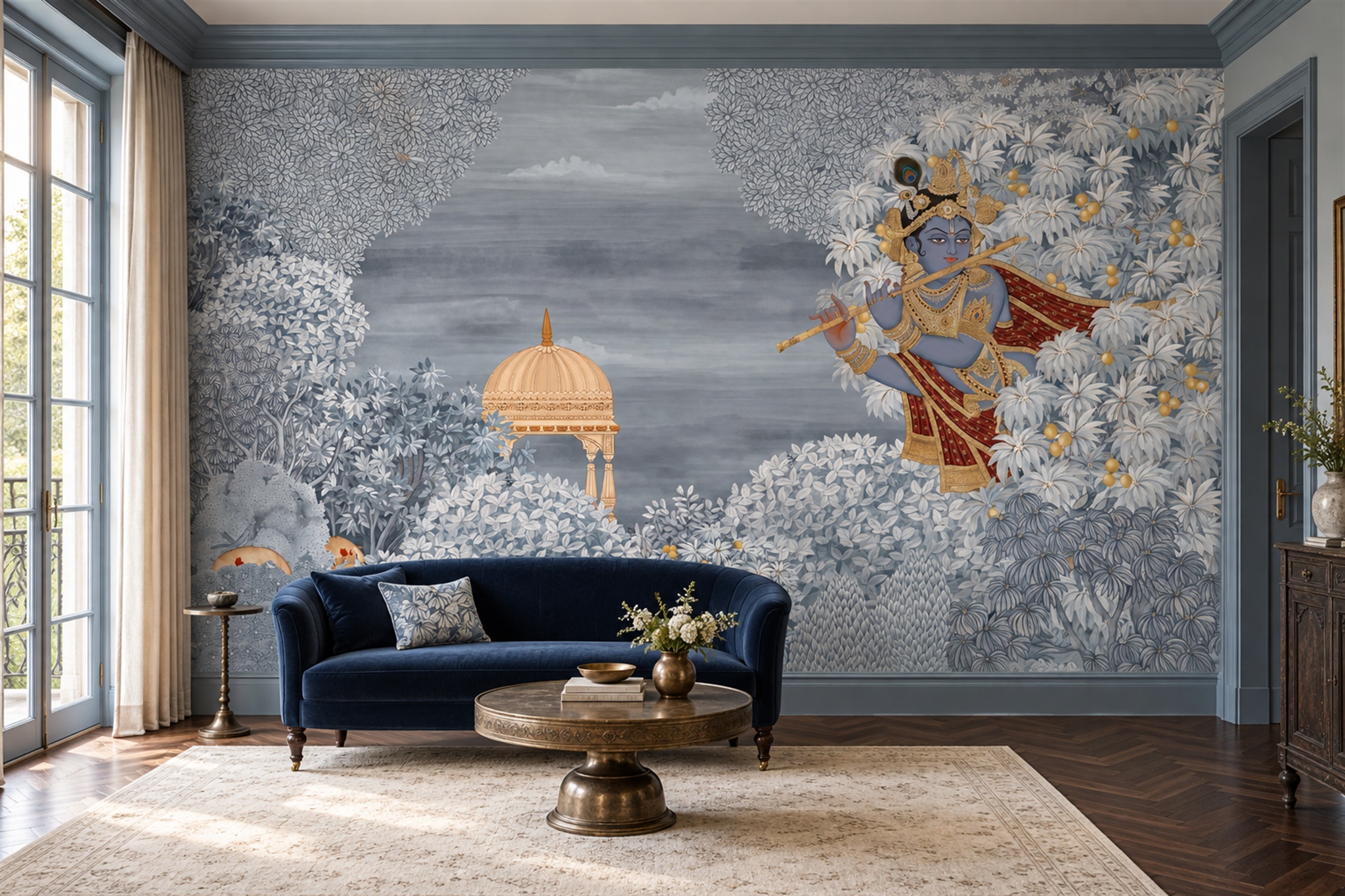 Krishna With Flute In A Silver-blue Flowering Garden Wallpaper Mural — Wallpaper Mural Design, Peel-and-stick Finish