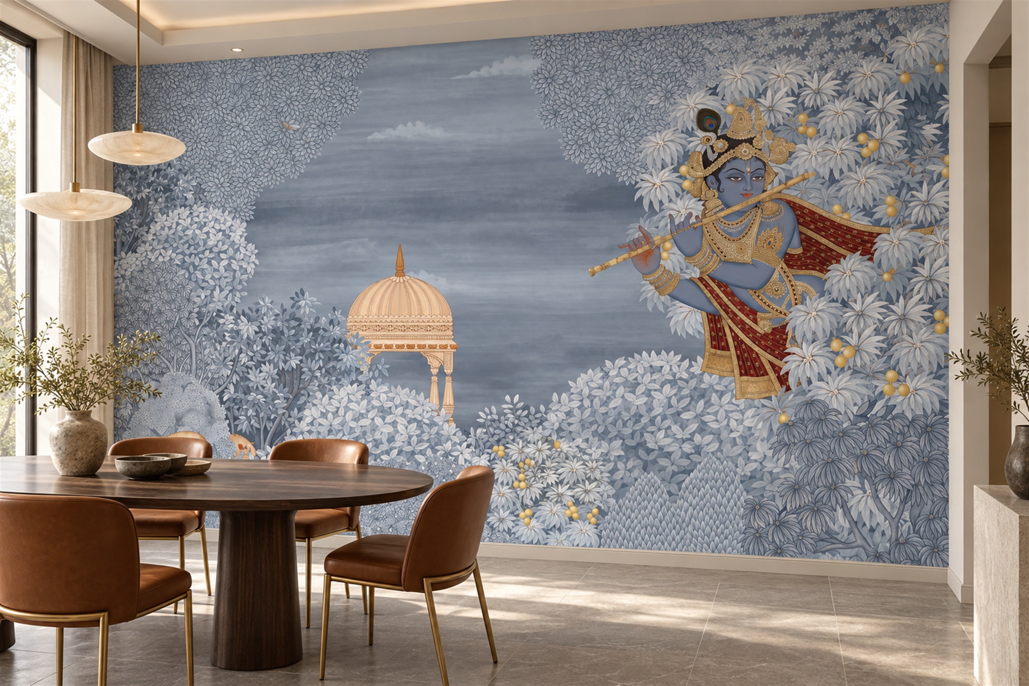 Blue Pattern Decorative Wallpaper Mural Layered Contour Wallpaper Mural Dining-room-wallpaper-murals, Shown In A Dining Room, Peel-and-stick Finish