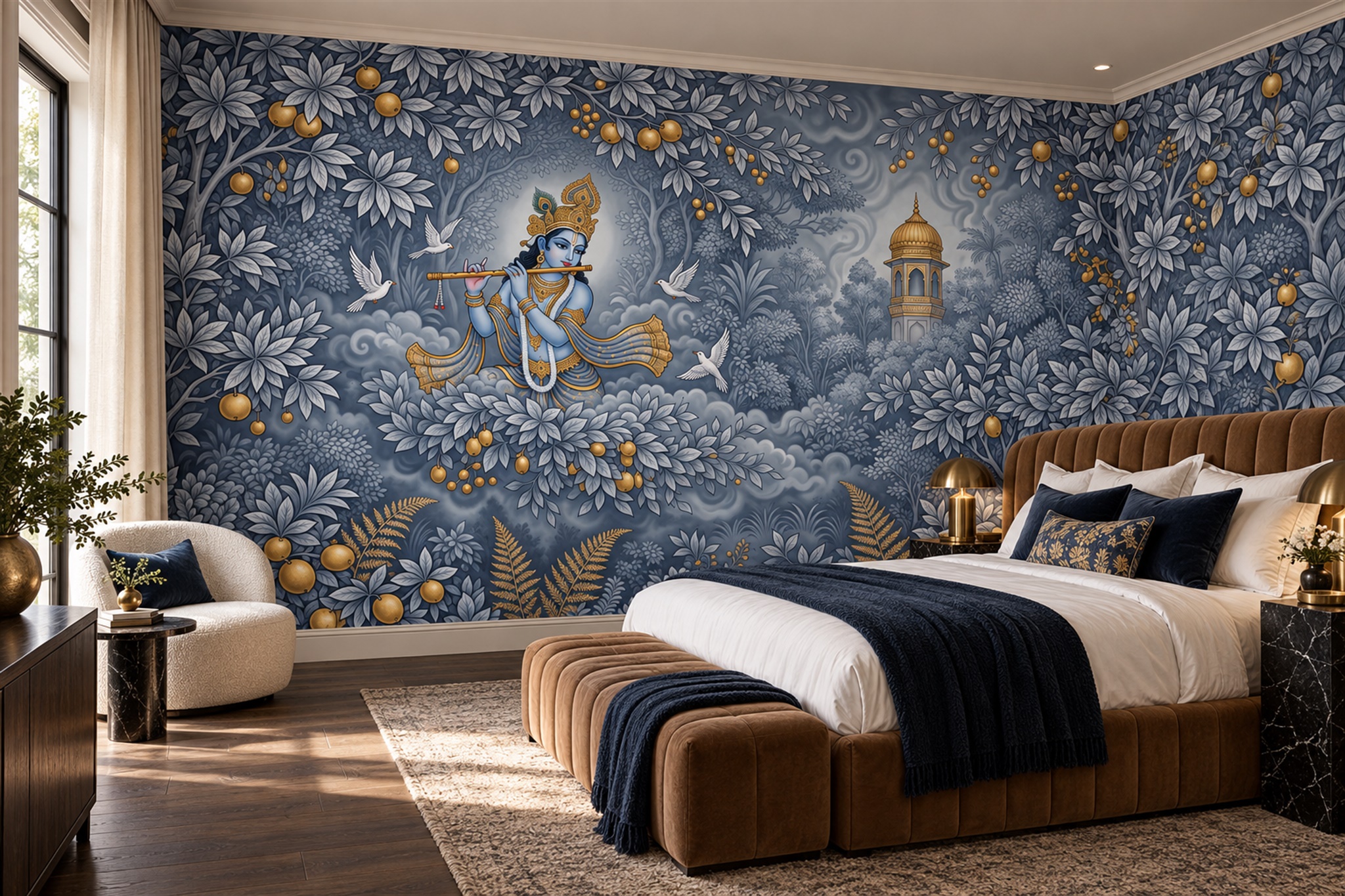 Blue Pattern Decorative Wallpaper Mural Layered Rhythm Wallpaper Mural Bedroom-wallpaper-murals, Peel-and-stick Finish