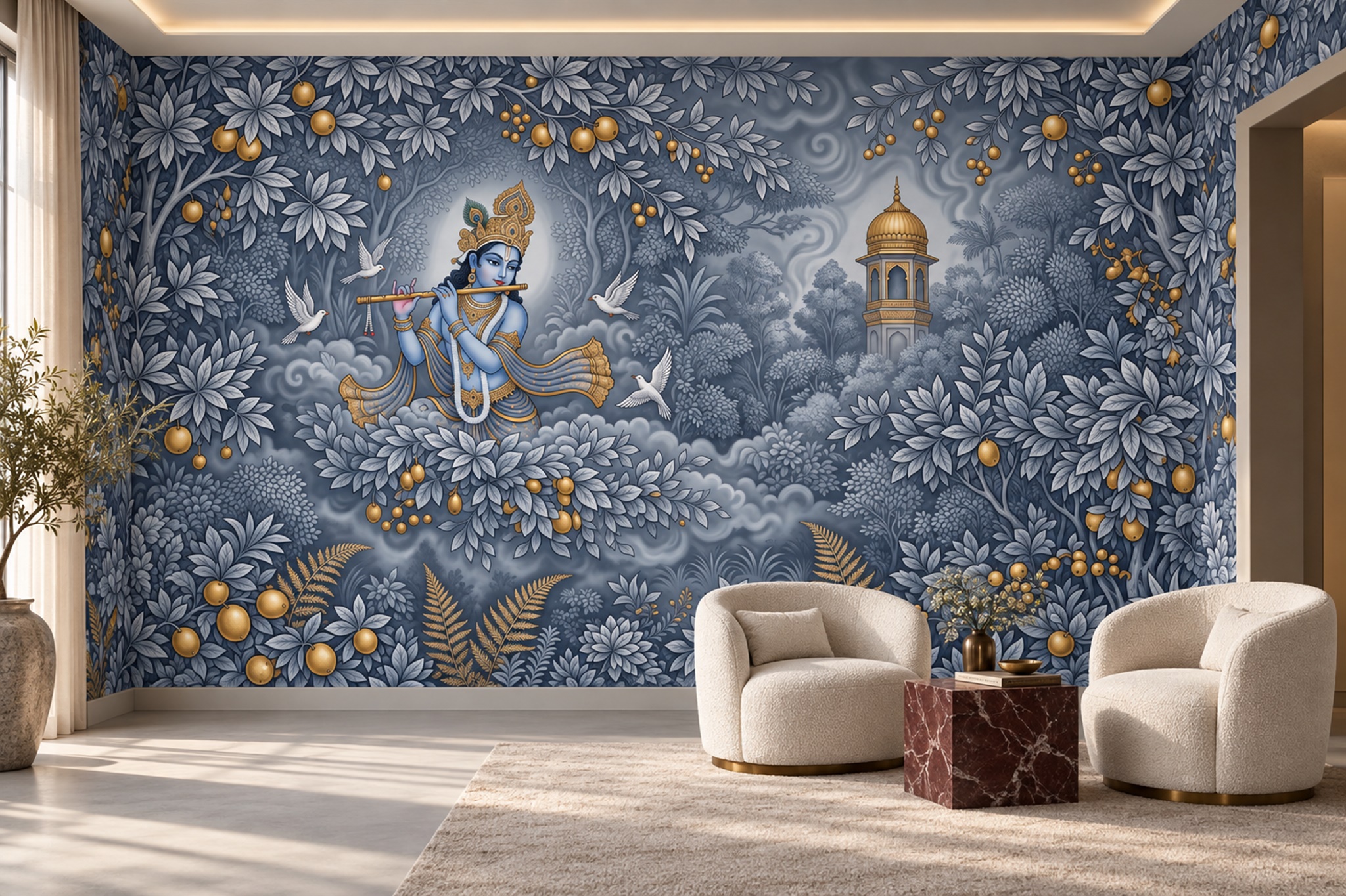 Blue Pattern Decorative Wallpaper Mural Layered Rhythm Wallpaper Mural Accent-wall-wallpaper-murals, Peel-and-stick Finish