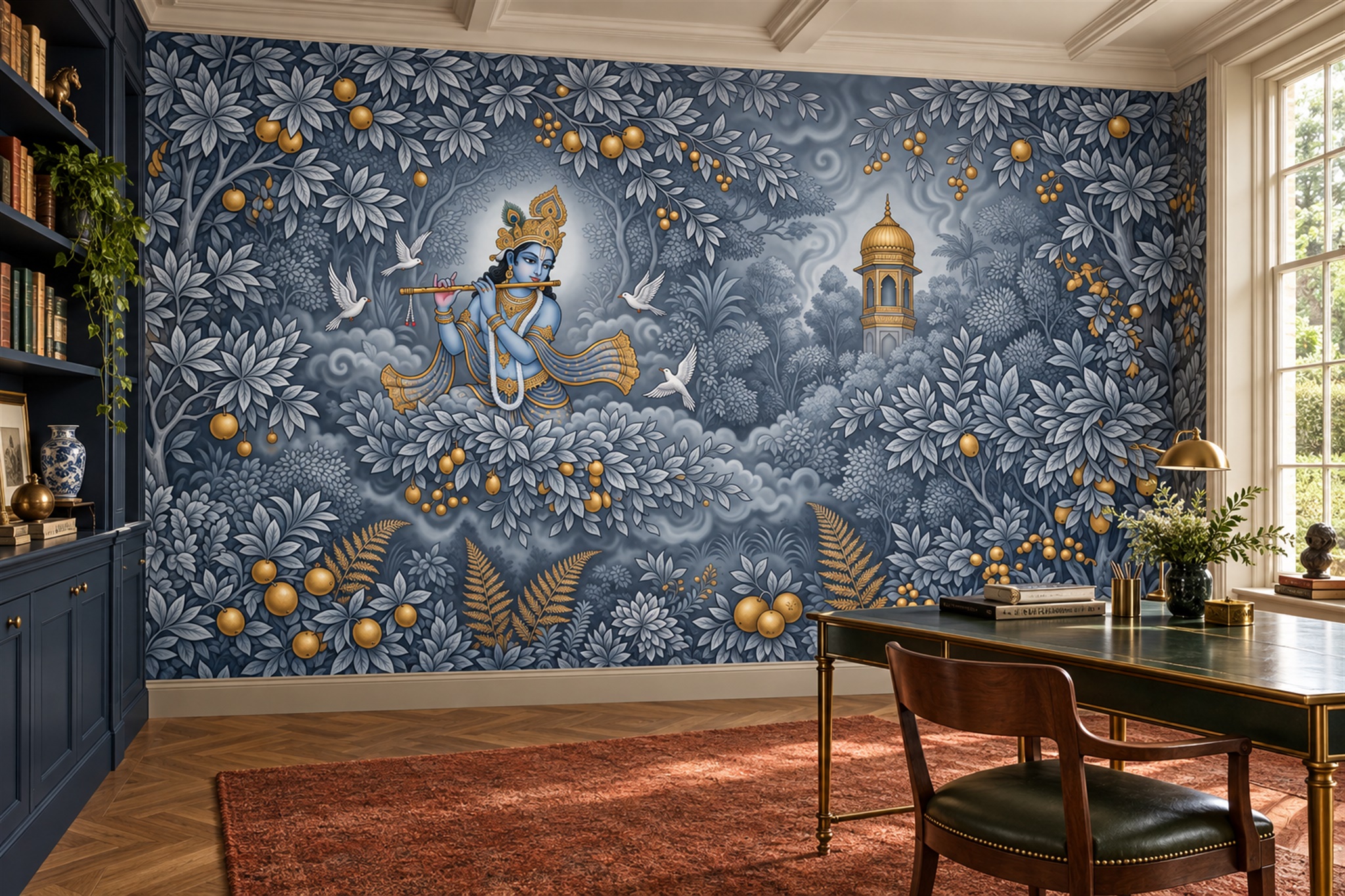 Krishna With Flute In A Blue Botanical Garden Wallpaper Mural — Wallpaper Mural Design, Peel-and-stick Finish