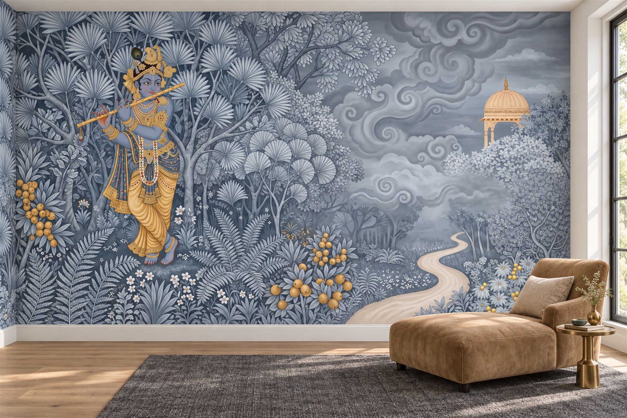 Krishna With Flute In A Garden Landscape Wallpaper Mural — Wallpaper Mural Design, Peel-and-stick Finish