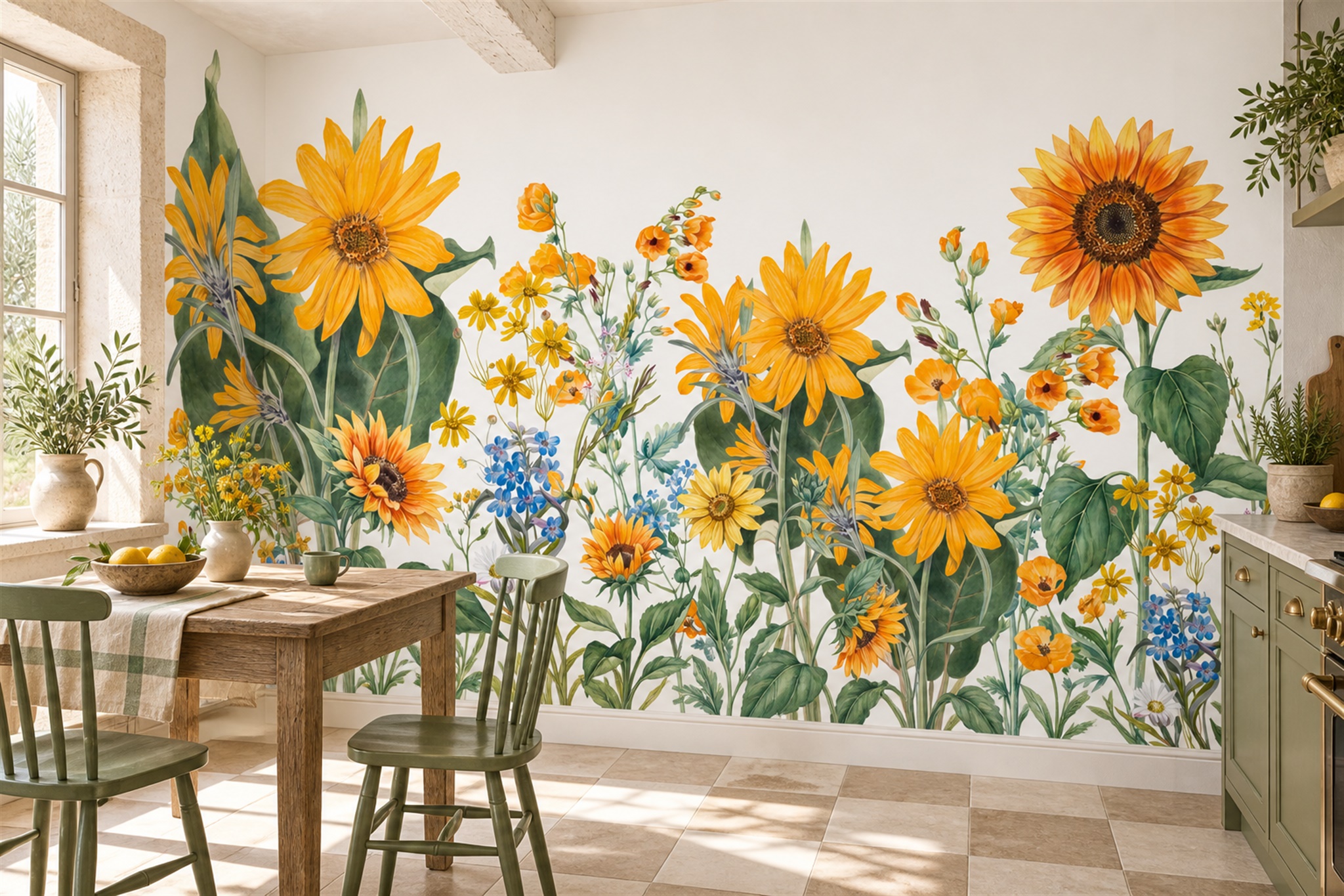 Yellow Pattern Decorative Wallpaper Mural Dining-room-wallpaper-murals, Shown In A Dining Room, Peel-and-stick Finish