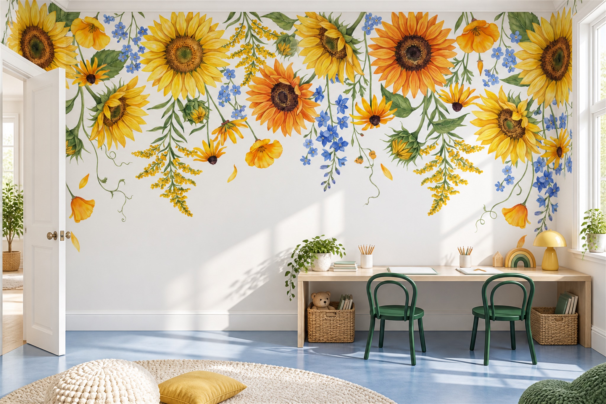 Gold Pattern Decorative Floral Wallpaper Mural Home-office-wallpaper-murals, Shown In A Home Office, Peel-and-stick Finish