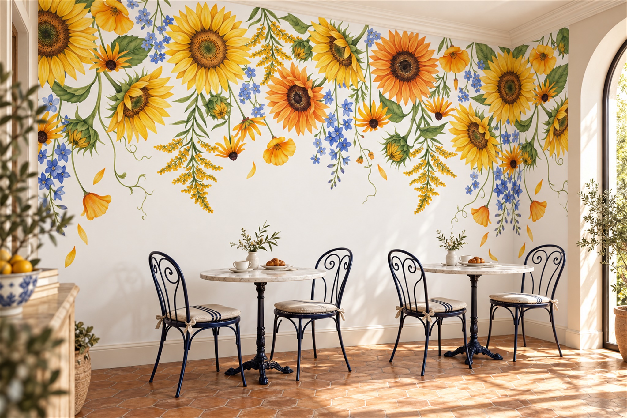 Golden Sunflower Garland Botanical Wallpaper Mural — Wallpaper Mural Design, Peel-and-stick Finish
