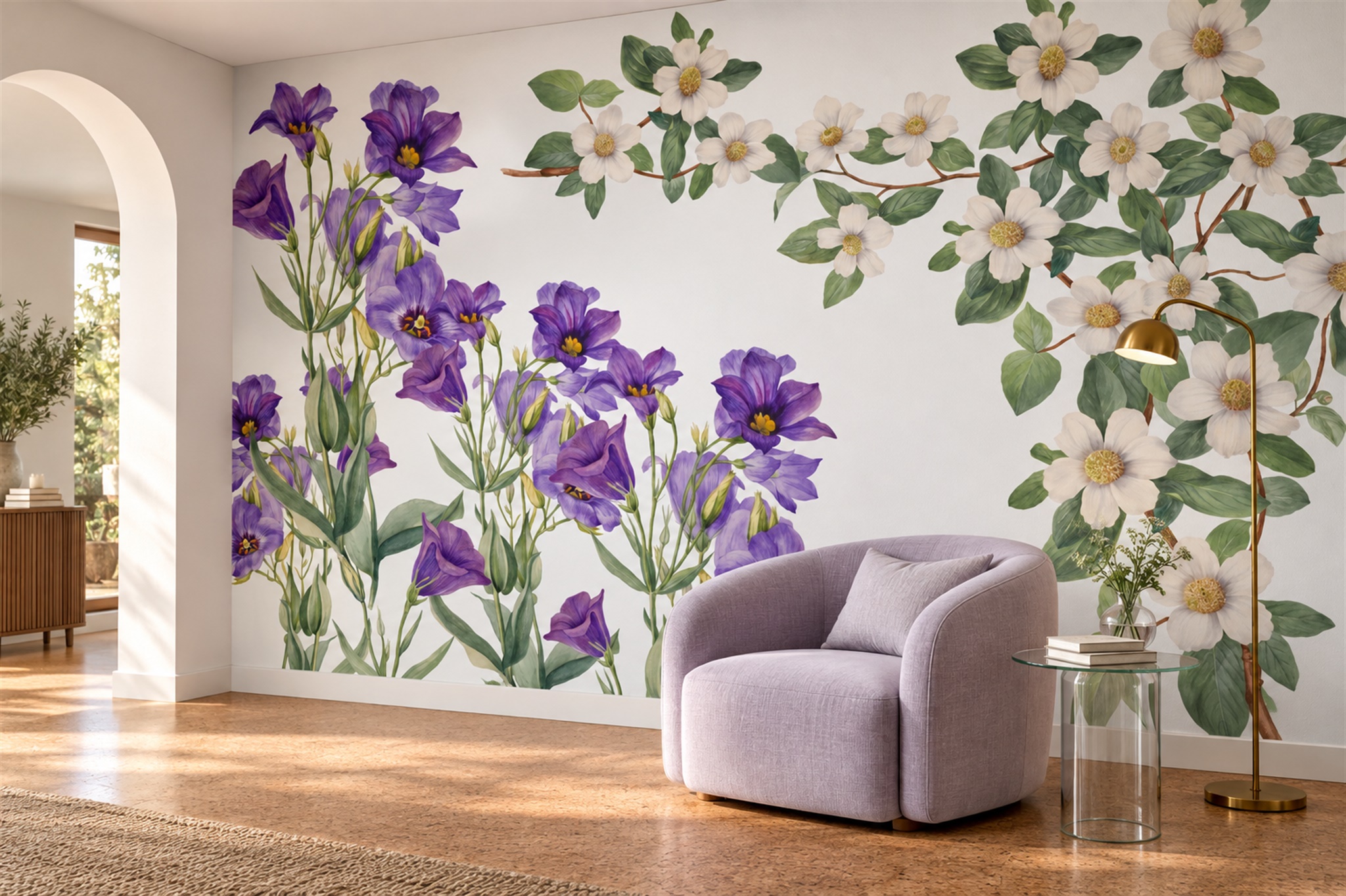 Purple Floral Botanical Wallpaper Mural Library-wallpaper-murals, Peel-and-stick Finish