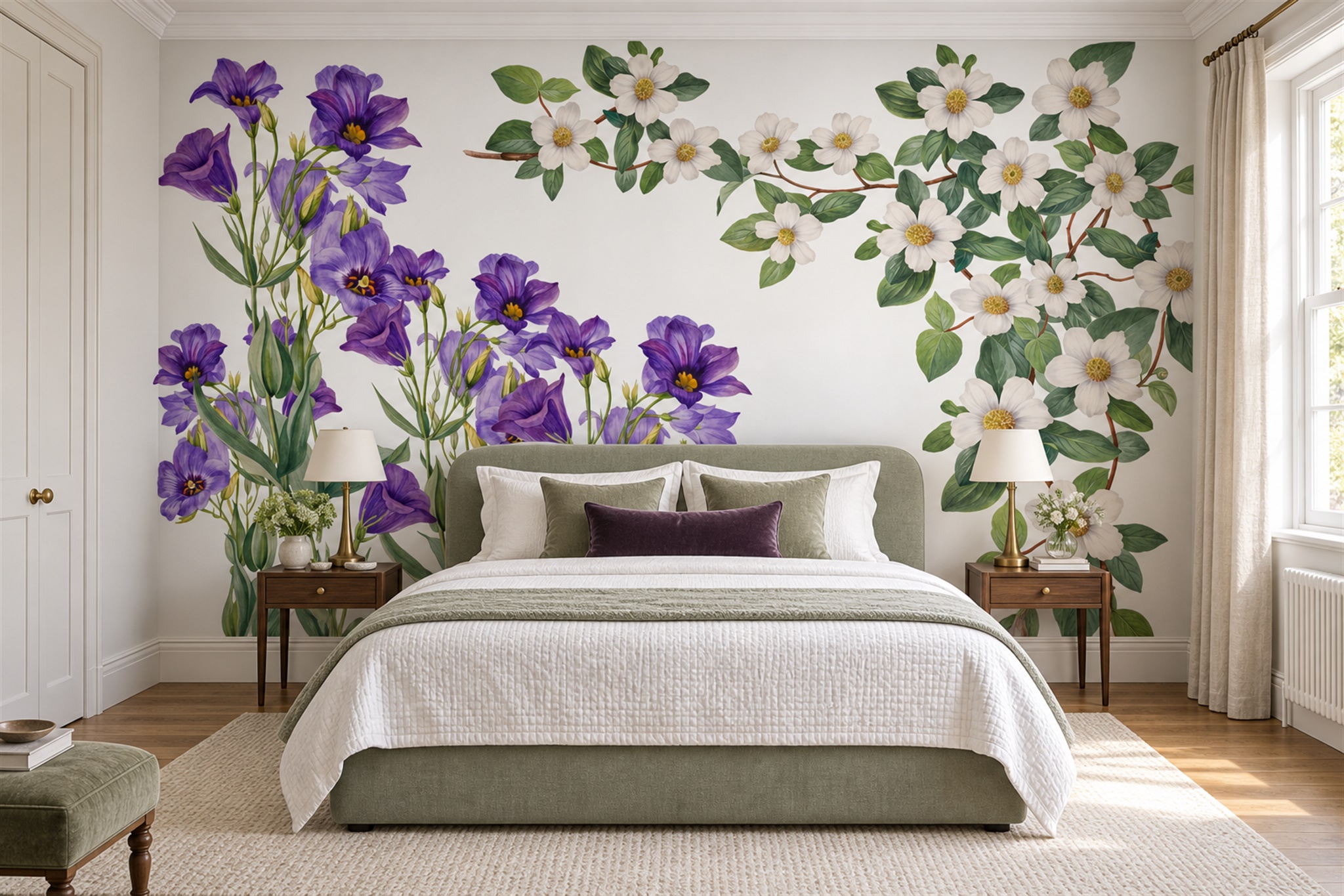 Purple Floral Botanical Wallpaper Mural Bedroom-wallpaper-murals, Peel-and-stick Finish