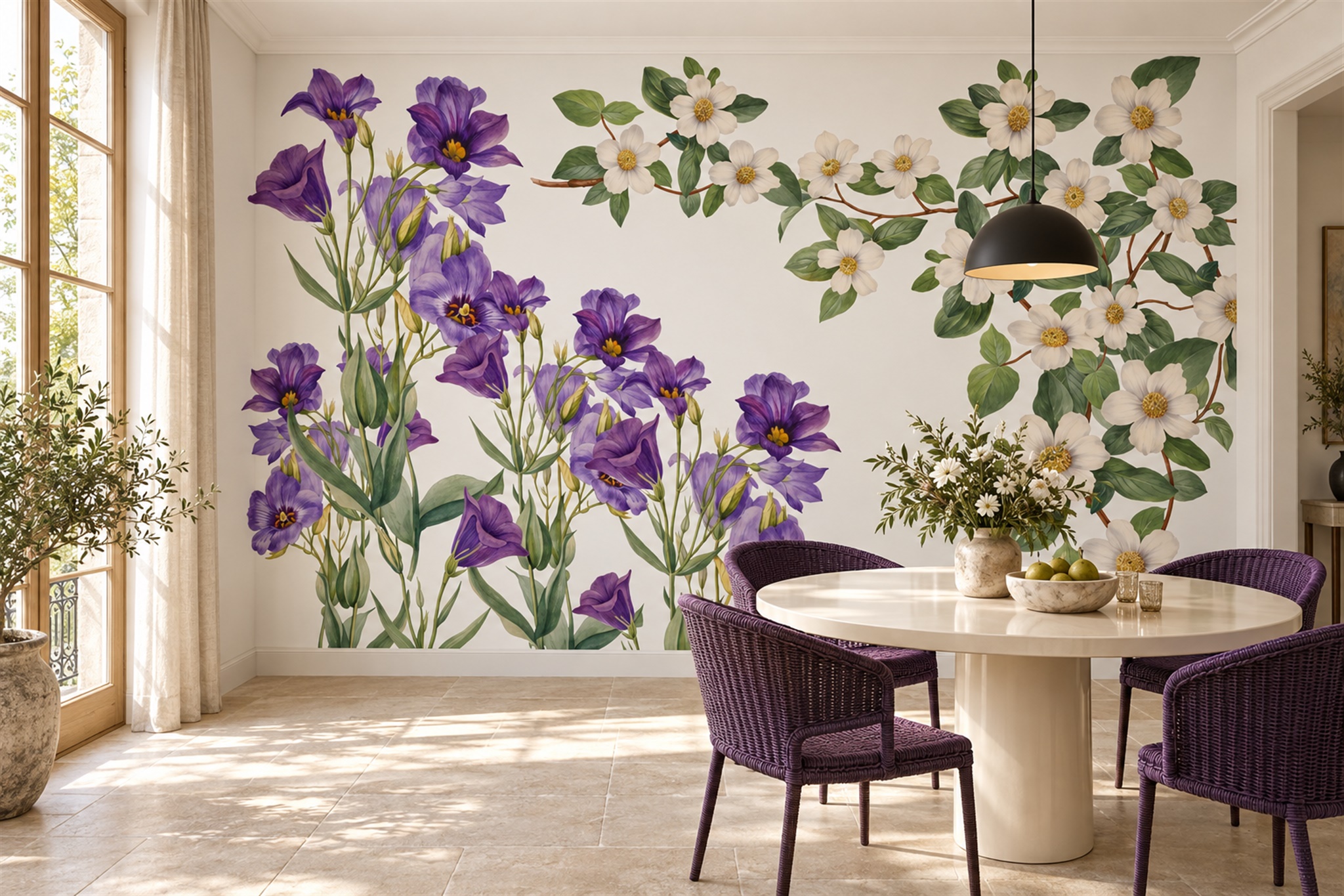 Purple Floral Botanical Wallpaper Mural Dining-room-wallpaper-murals, Peel-and-stick Finish