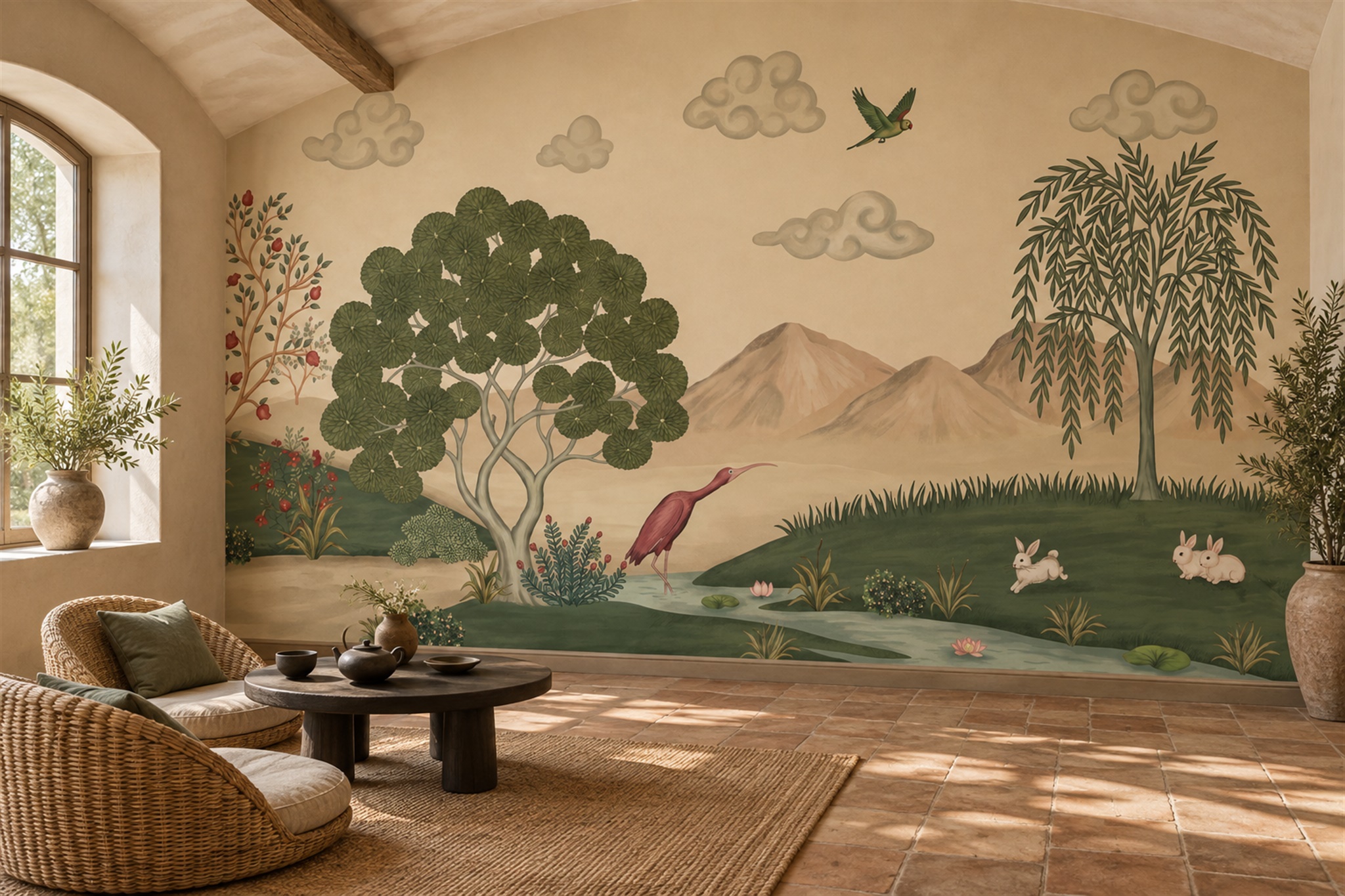 Beige Garden Scenic Wallpaper Mural Accent-wall-wallpaper-murals, Peel-and-stick Finish