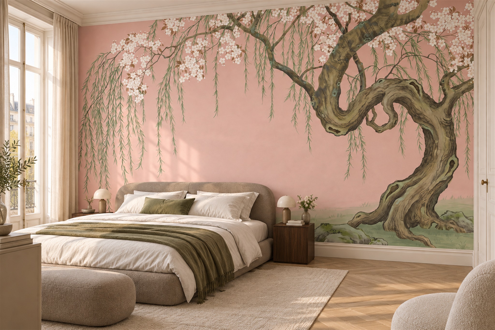 White Blossom Willow Branches On Pink Wallpaper Mural — Installed Wallpaper Mural In A Bedroom, Peel-and-stick Finish
