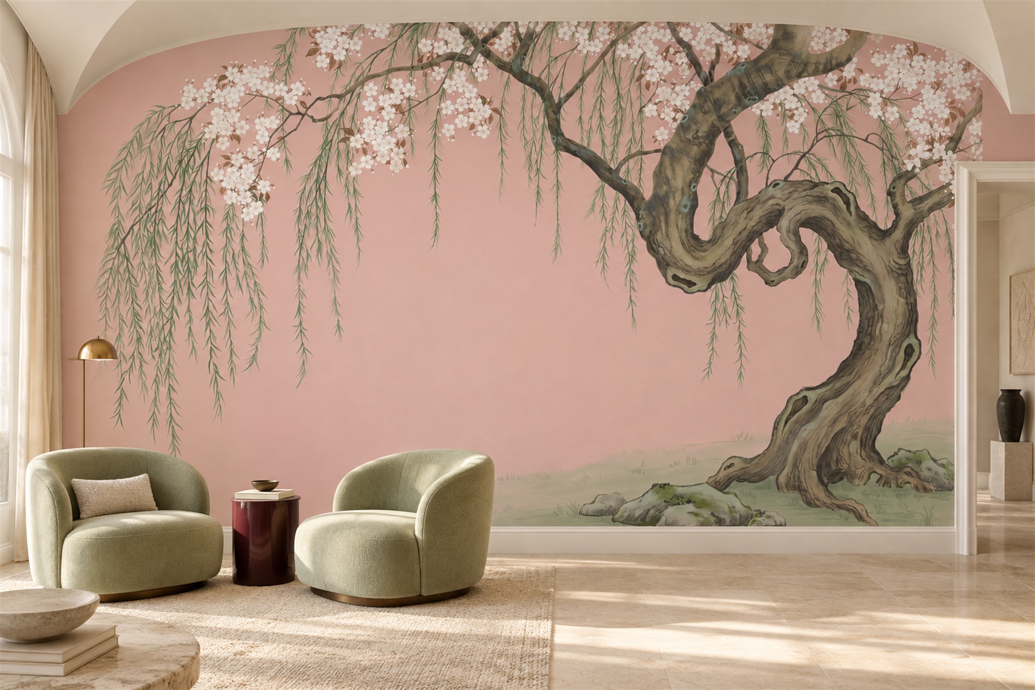 Pink Blossom Botanical Wallpaper Mural Living-room-wallpaper-murals, Shown In A Living Room, Peel-and-stick Finish