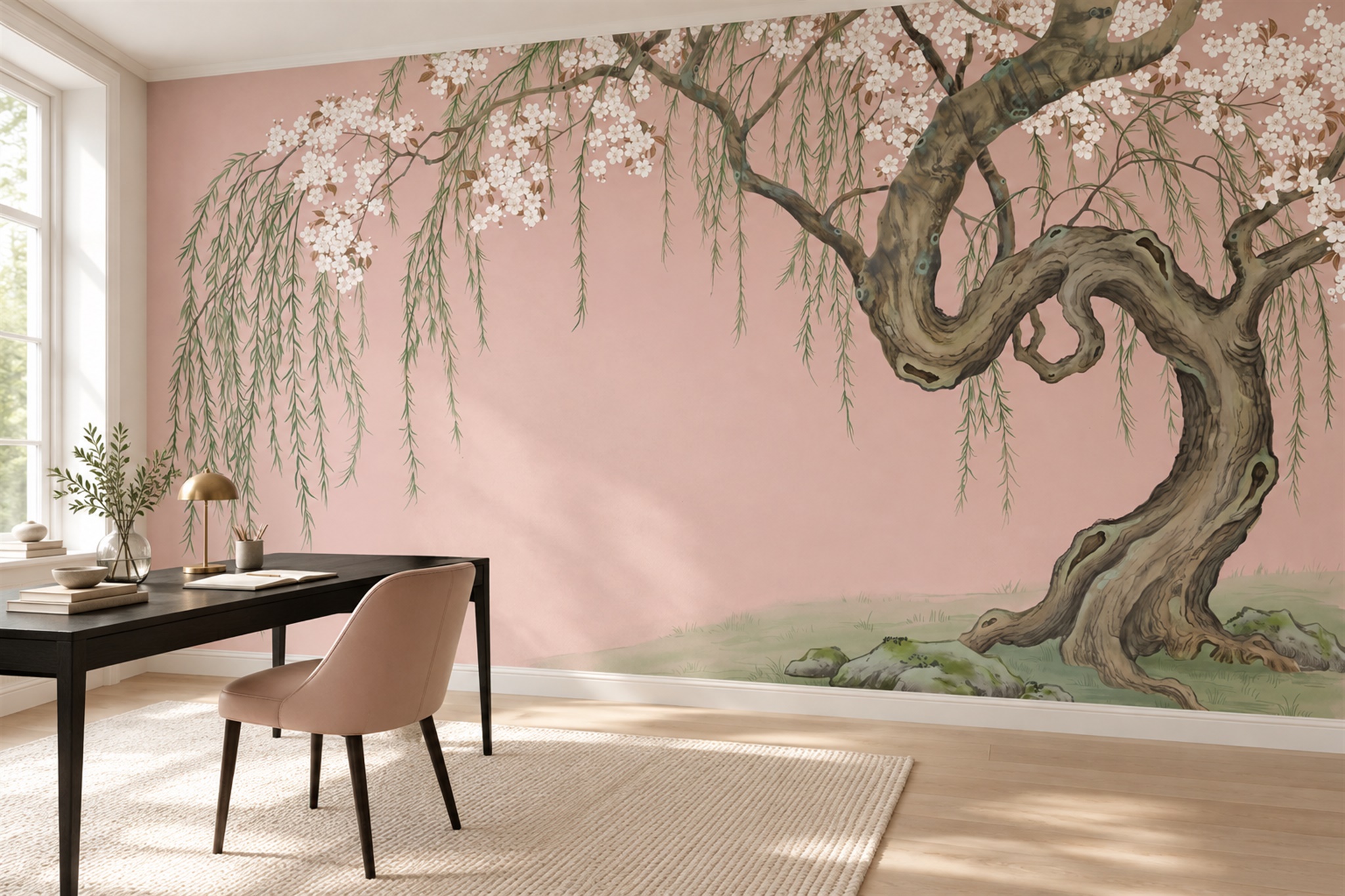 Pink Blossom Botanical Wallpaper Mural Home-office-wallpaper-murals, Shown In A Home Office, Peel-and-stick Finish