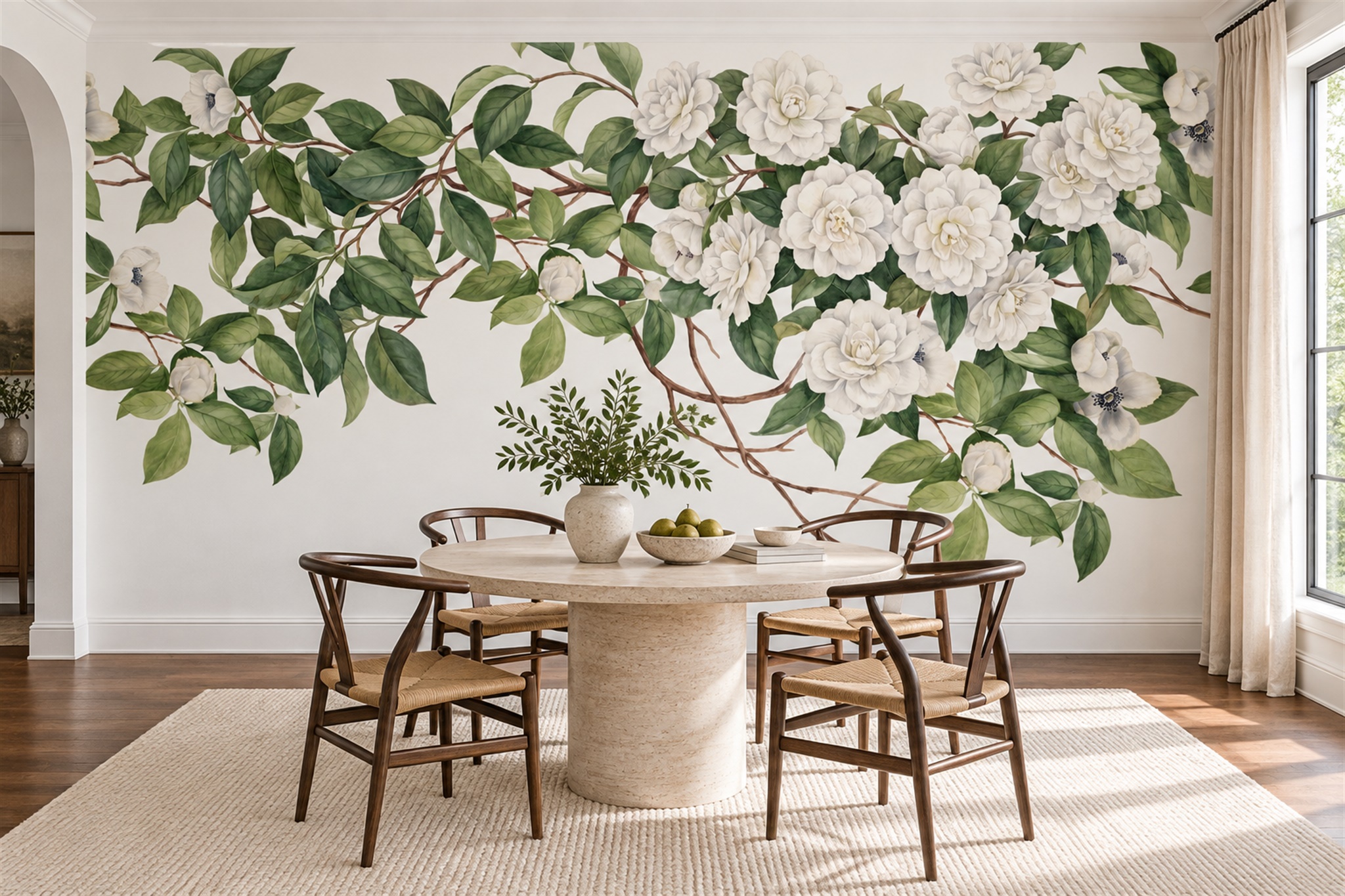 White Camellia Branches On A Light Ground Wallpaper Mural — Wallpaper Mural Design, Peel-and-stick Finish